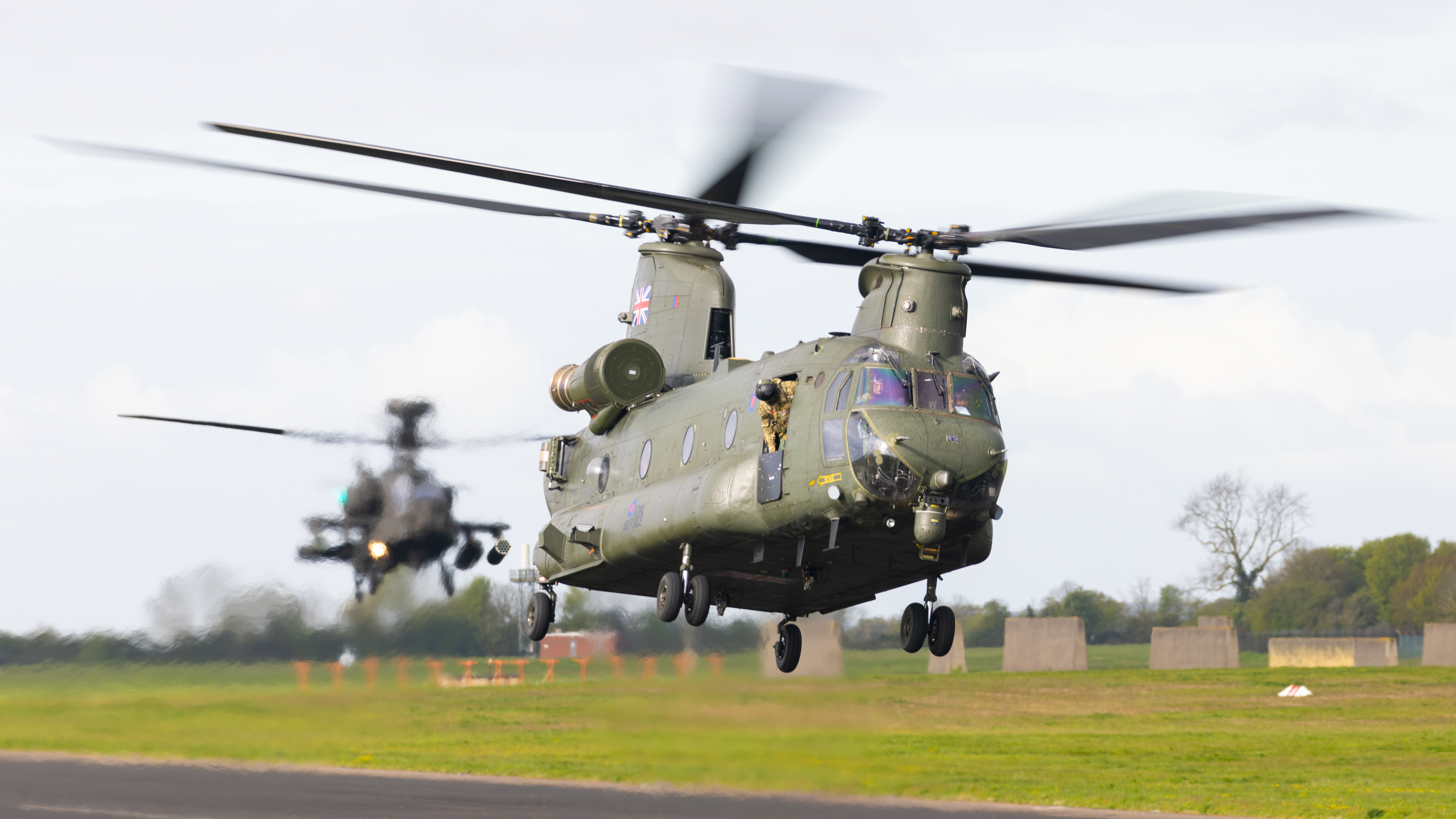 Image shows an RAF Chinook helicopter taking off.