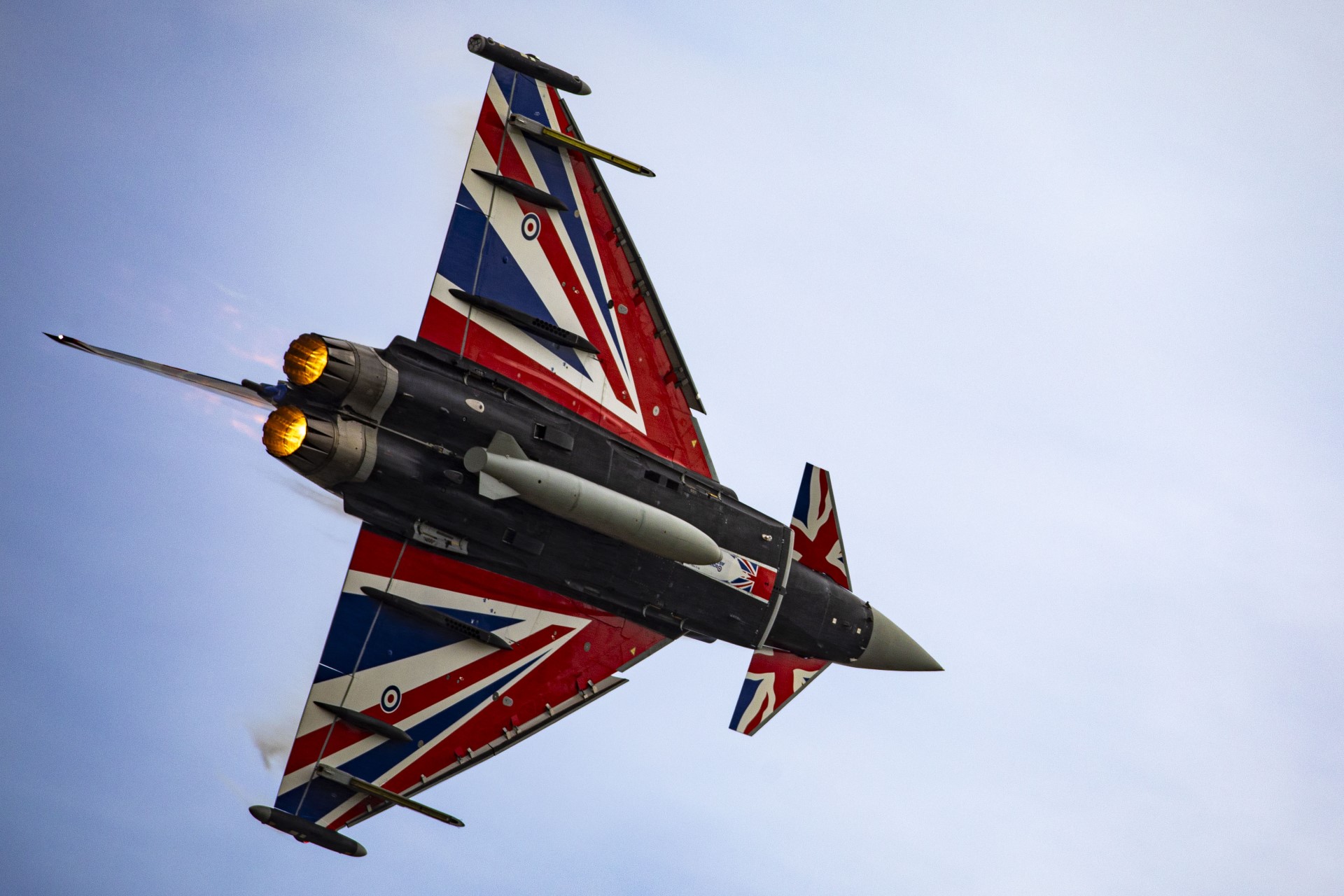 Typhoon display aircraft in flight, showing union jack painting on undercarriage
