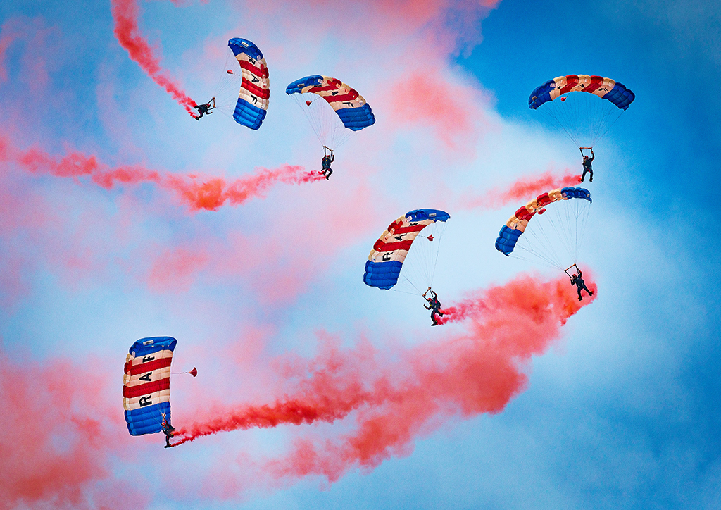 The RAF Falcons Parachute Display Team show their skills during the Royal visit