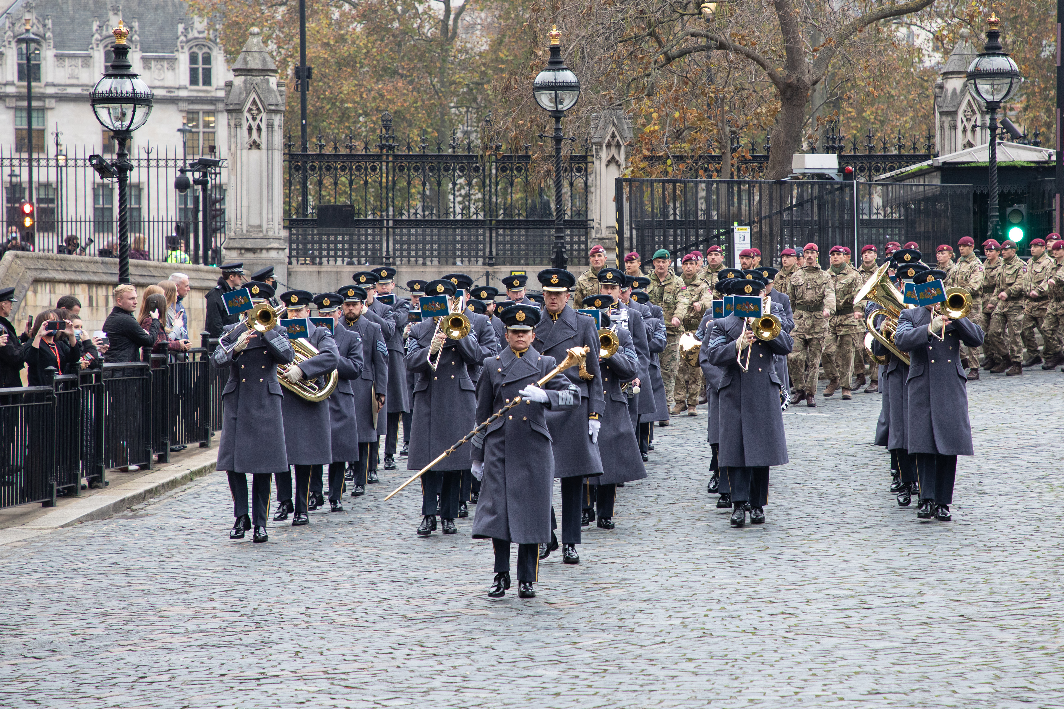 Central Band of the RAF leading the parade with Army troops following. .