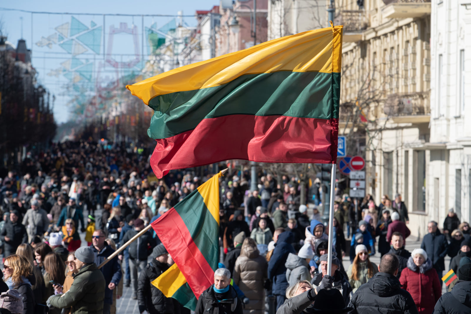 Lithuanian flags wave above public crowd.
