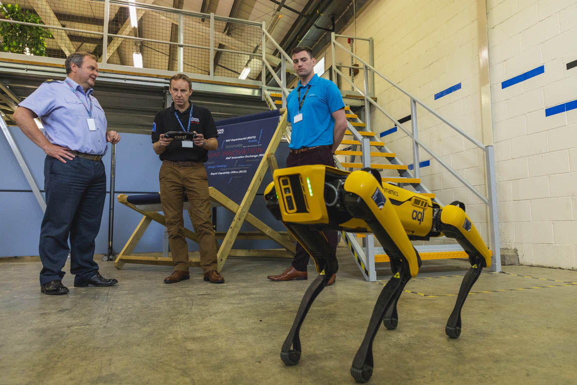 Personnel look at robot dog.