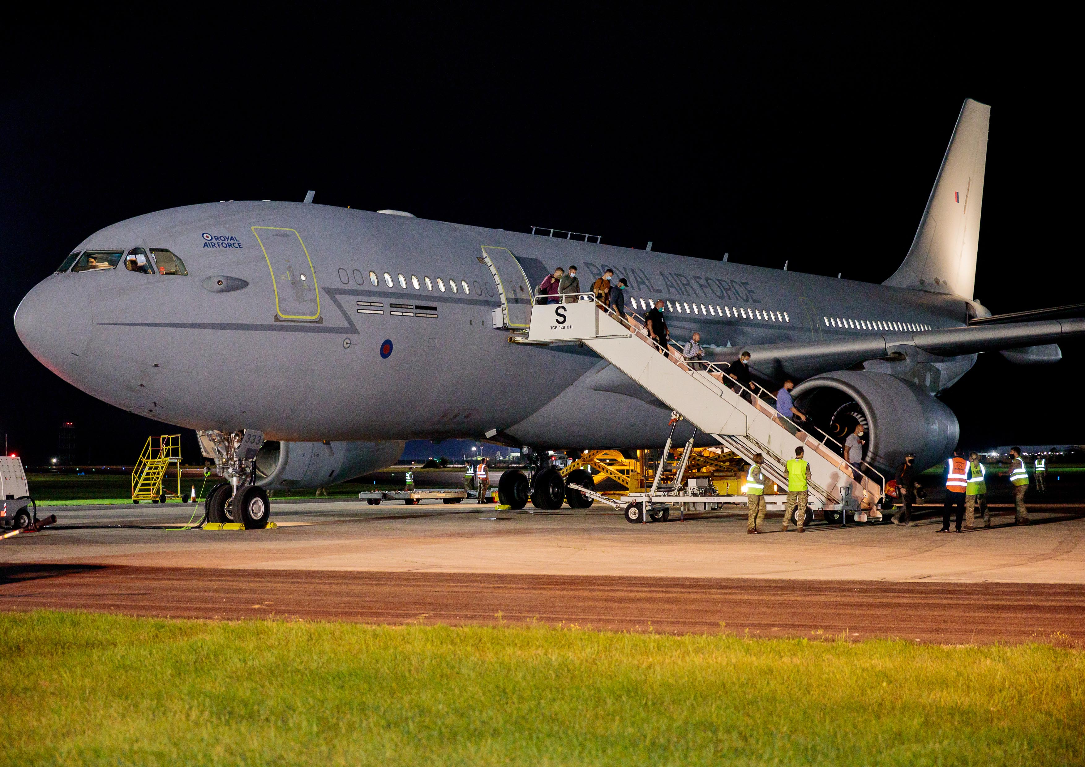 RAF Voyager lands on the airfield with Afghan evacuees.