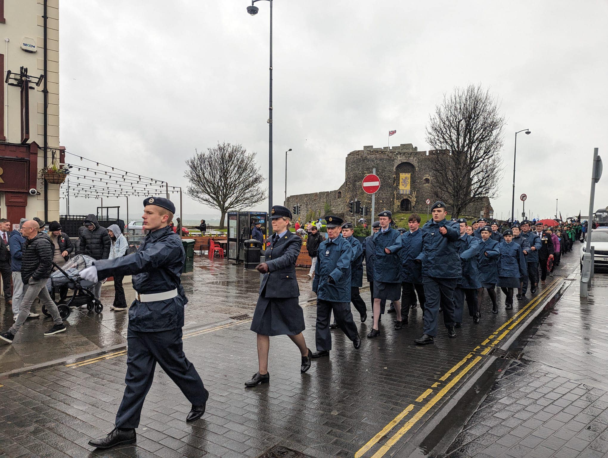 RAF Cadets in Northern Ireland marching through the wet streets