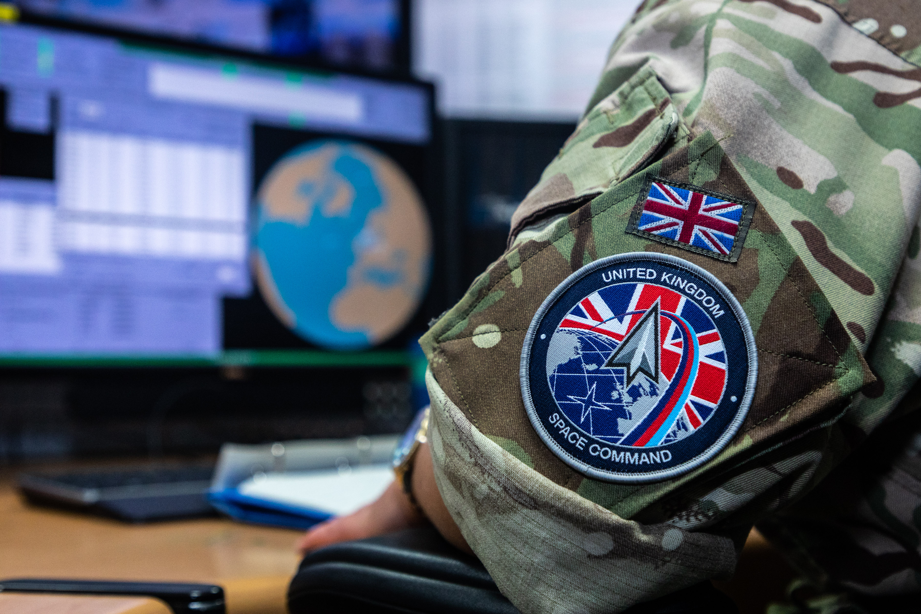 UK Space Command badge on arm of uniform