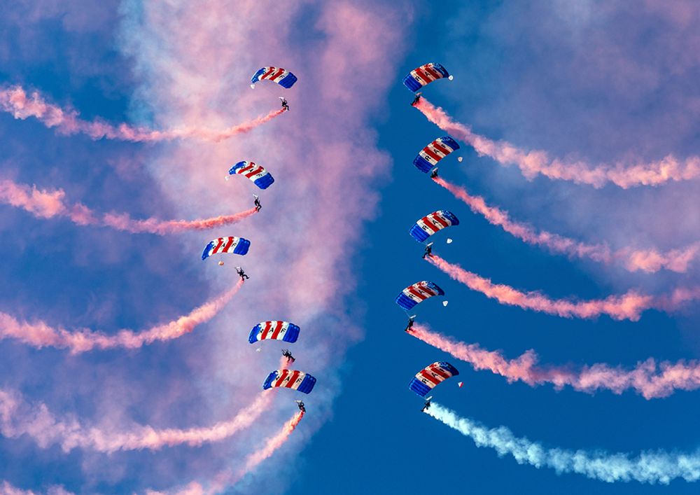 The RAF Falcons performing in April 2018 for their Public Display Authority, which was awarded by Air Vice-Marshal David Cooper CBE MA BEng(Hons) RAF, Air Officer Commanding No. 2 Group