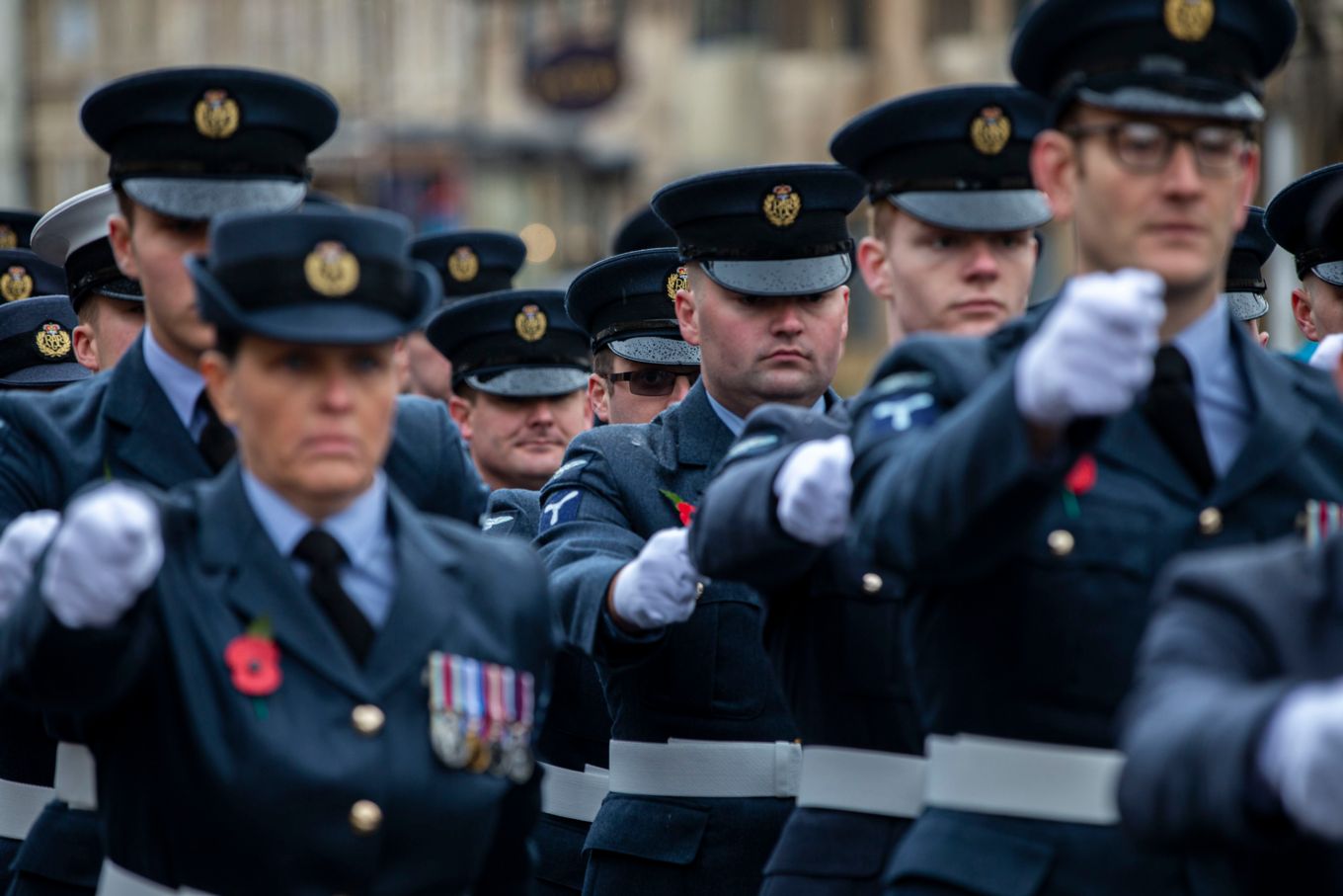 The RAF Wittering detachment parades through Stamford