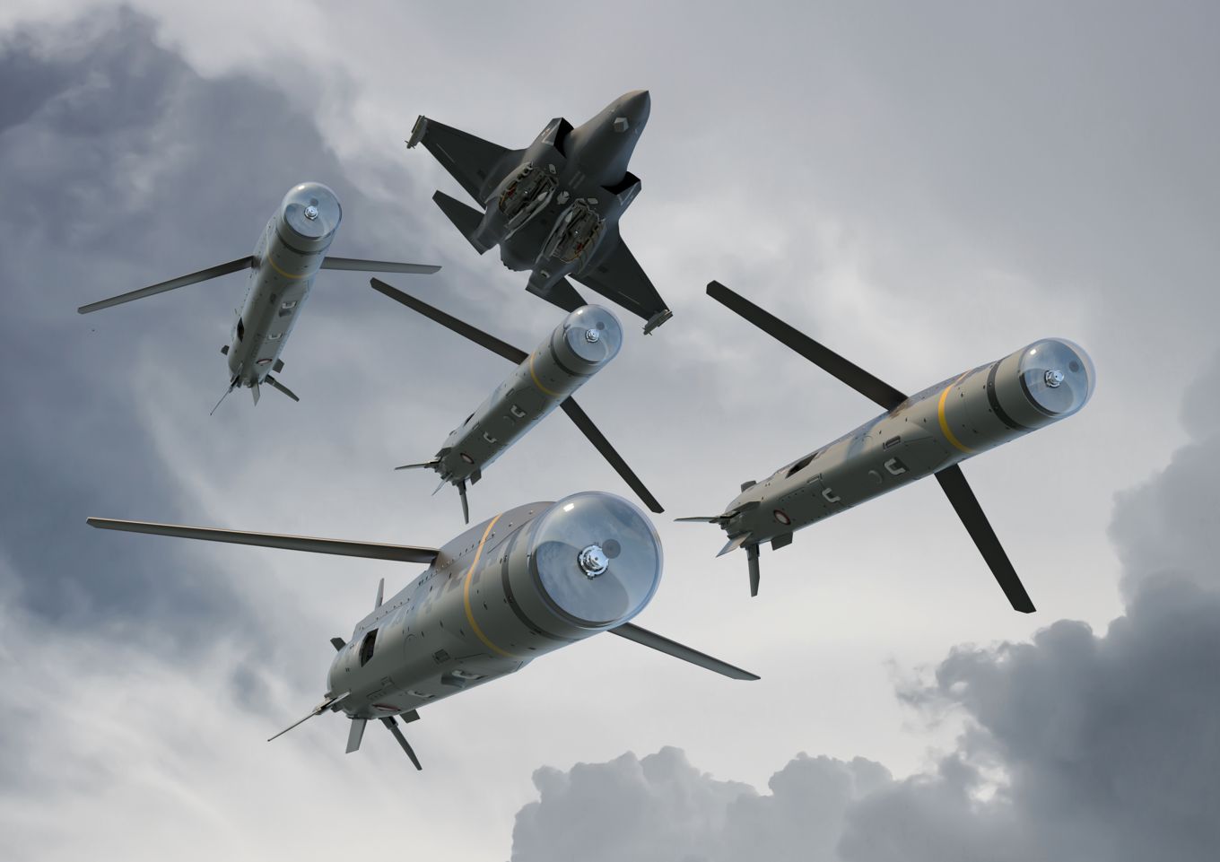 Image shows a computer generated image of the missiles and F-35B Lightning aircraft in the air.