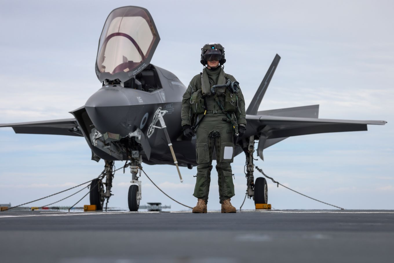 F-35B Lightning with Pilot standing outside.