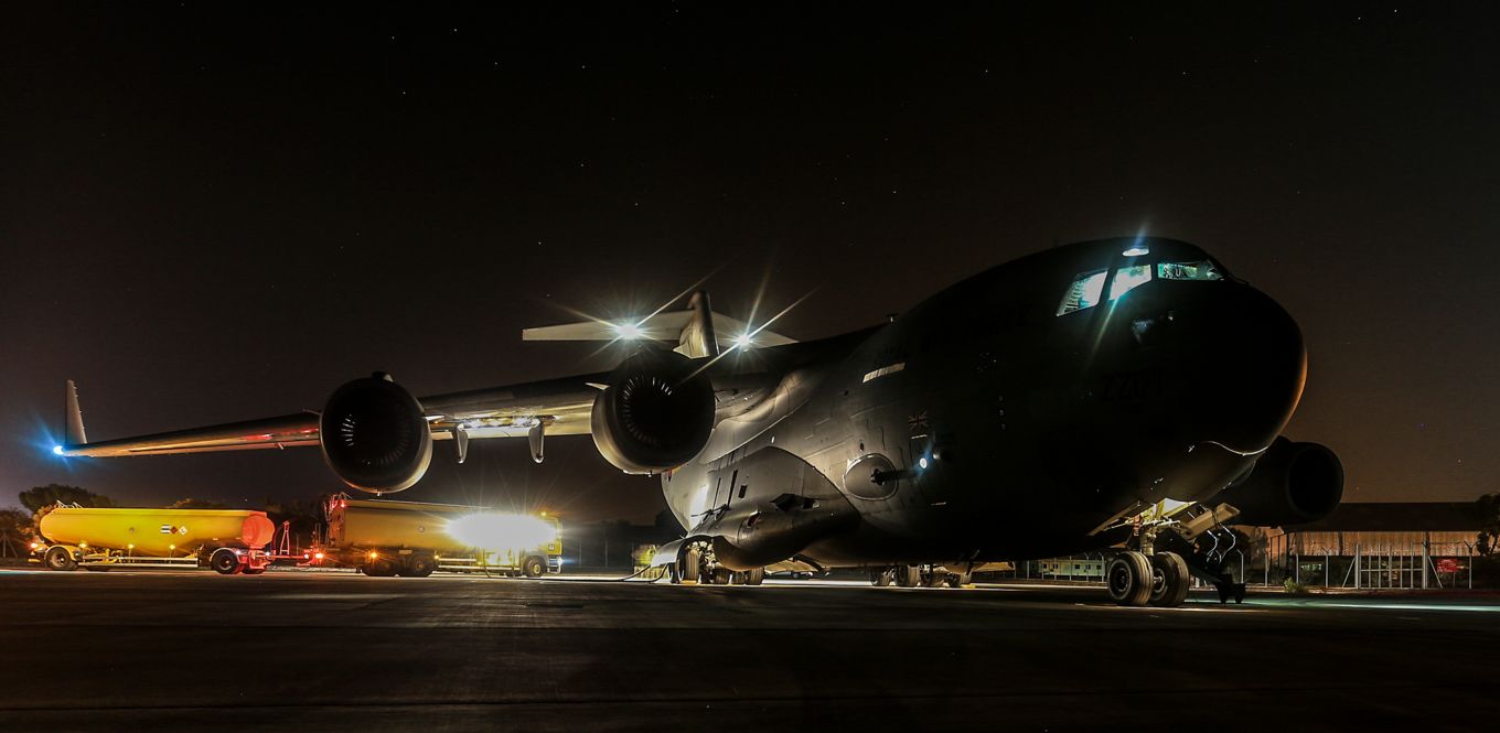 An RAF C-17 aircraft at night