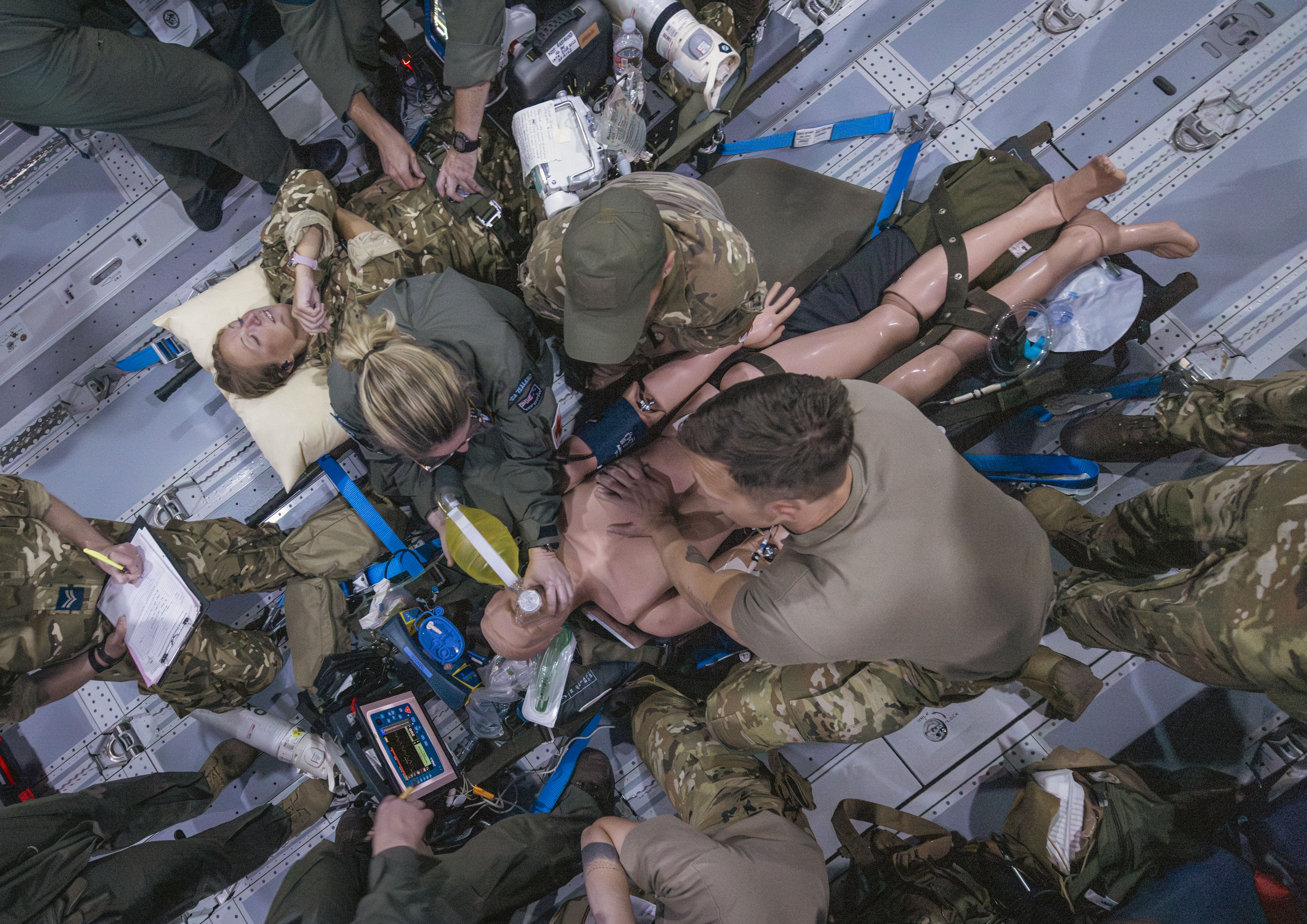 Birdseye view of tactical medical wing working on exercise, on board the A400M