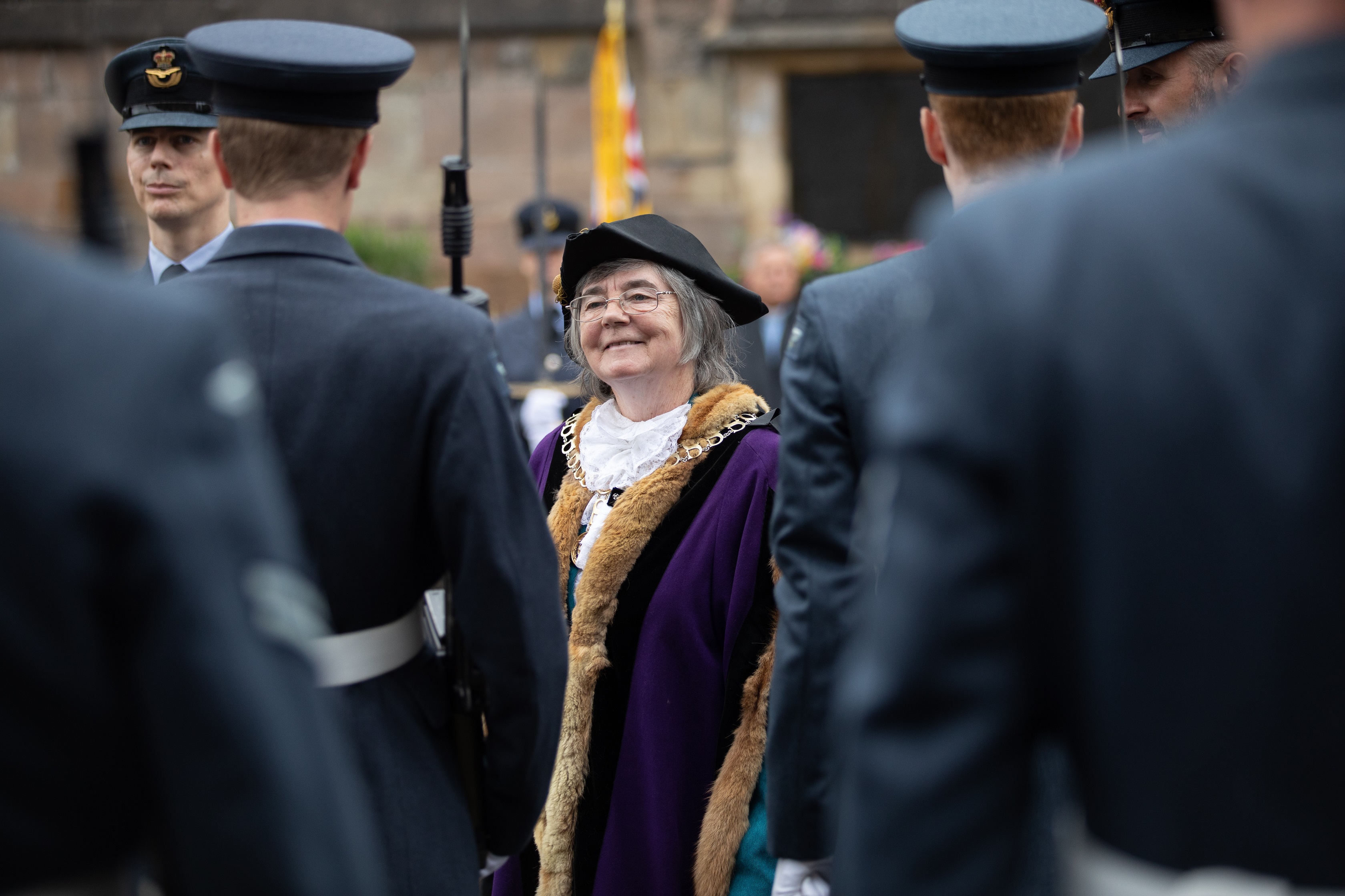 The Mayor of Stamford, Councillor Gloria Johnson, inspects the parade