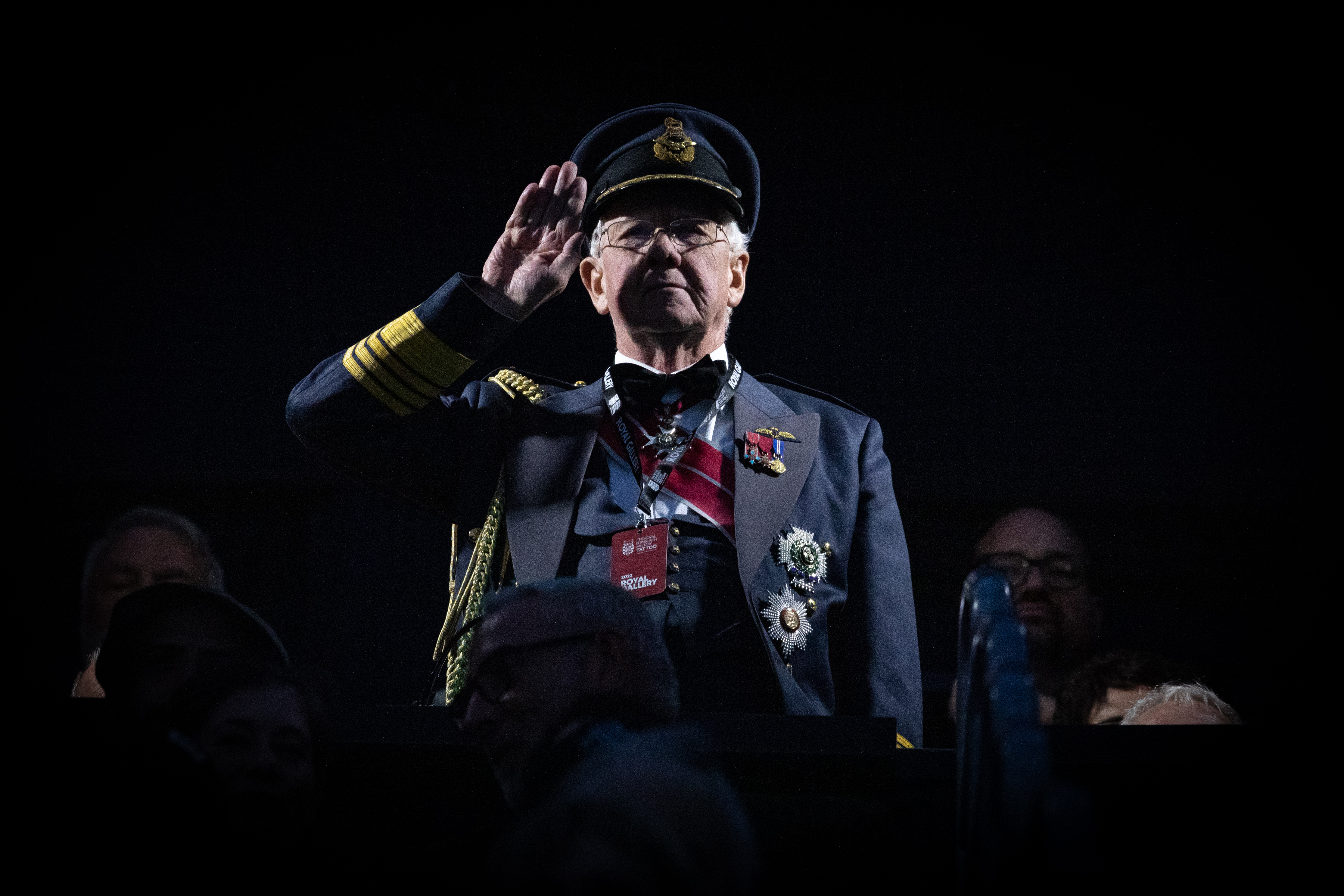 Image shows RAF aviator saluting amid public crowd.