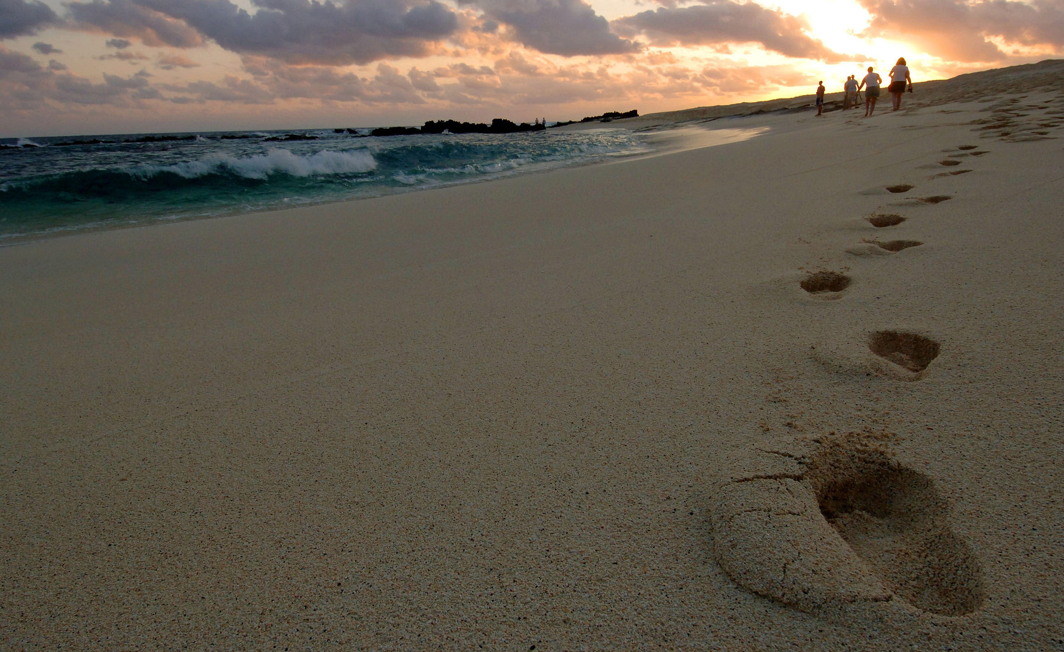 Image shows footprint trail imprinted in the sand along the coast, as a family walk towards the sunset.