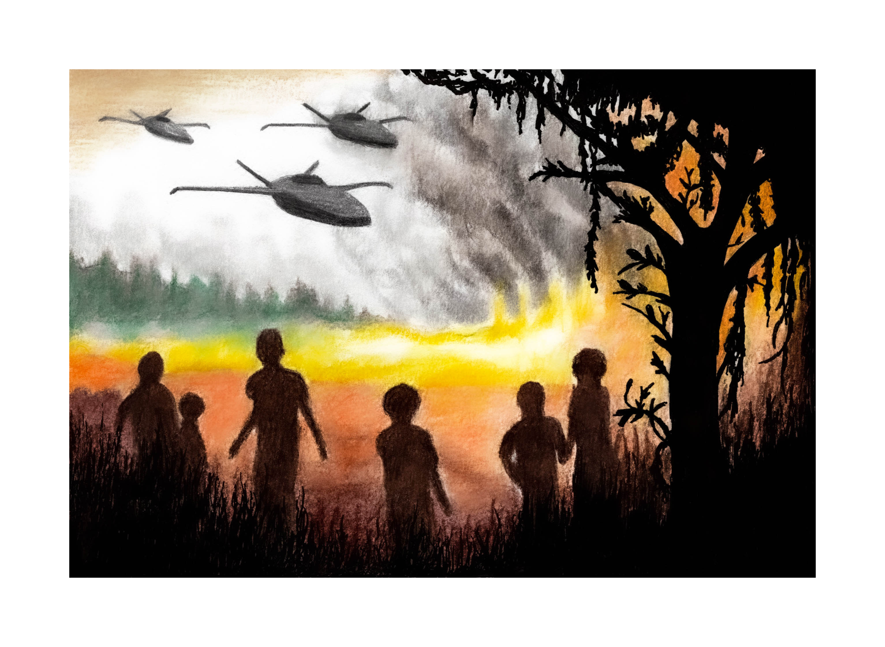 Chalk drawing of Typhoons and people silhouettes looking towards a wildfire.