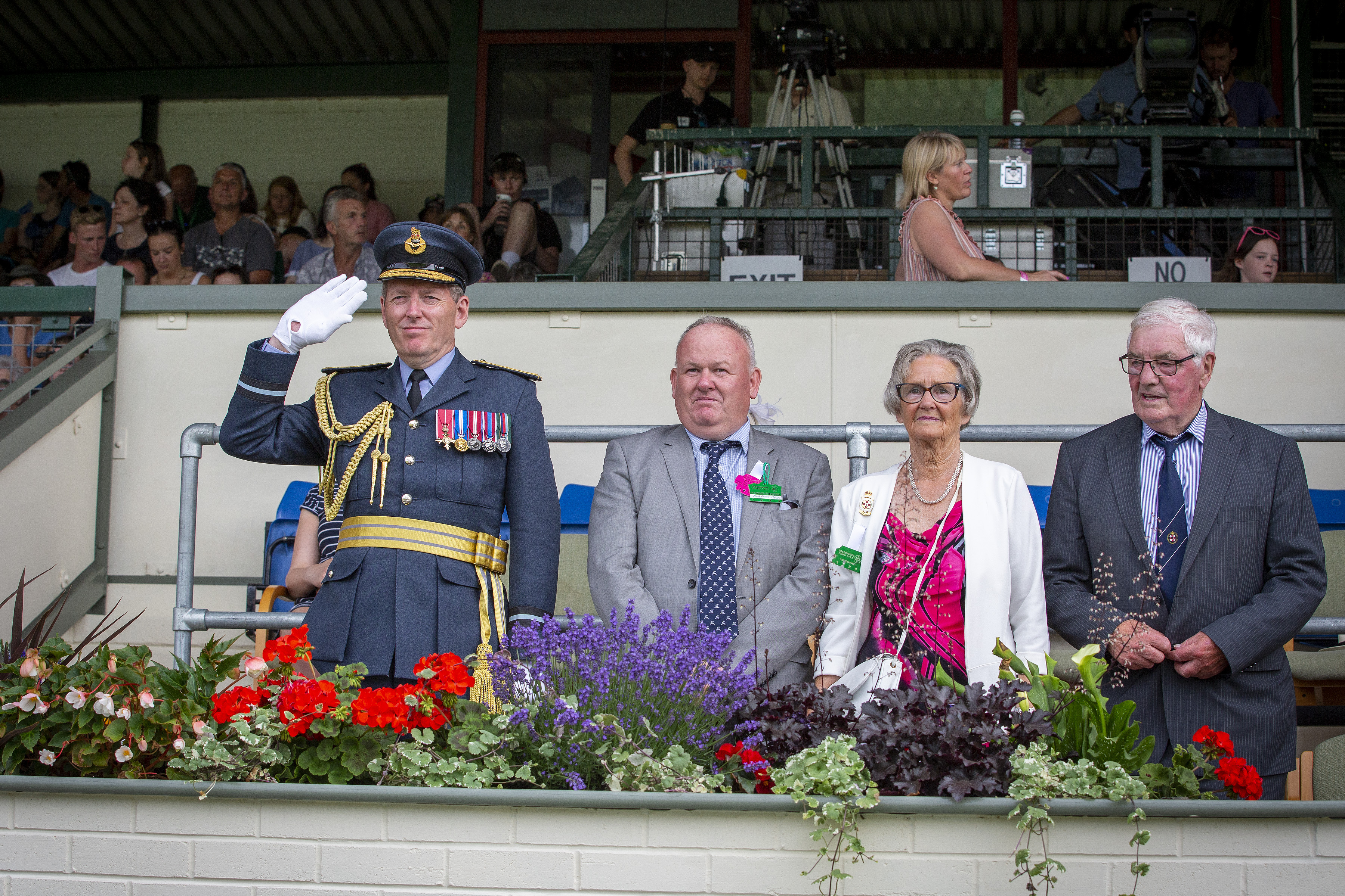Image shows Air Commodore saluting from viewing stands, with civilian audience.