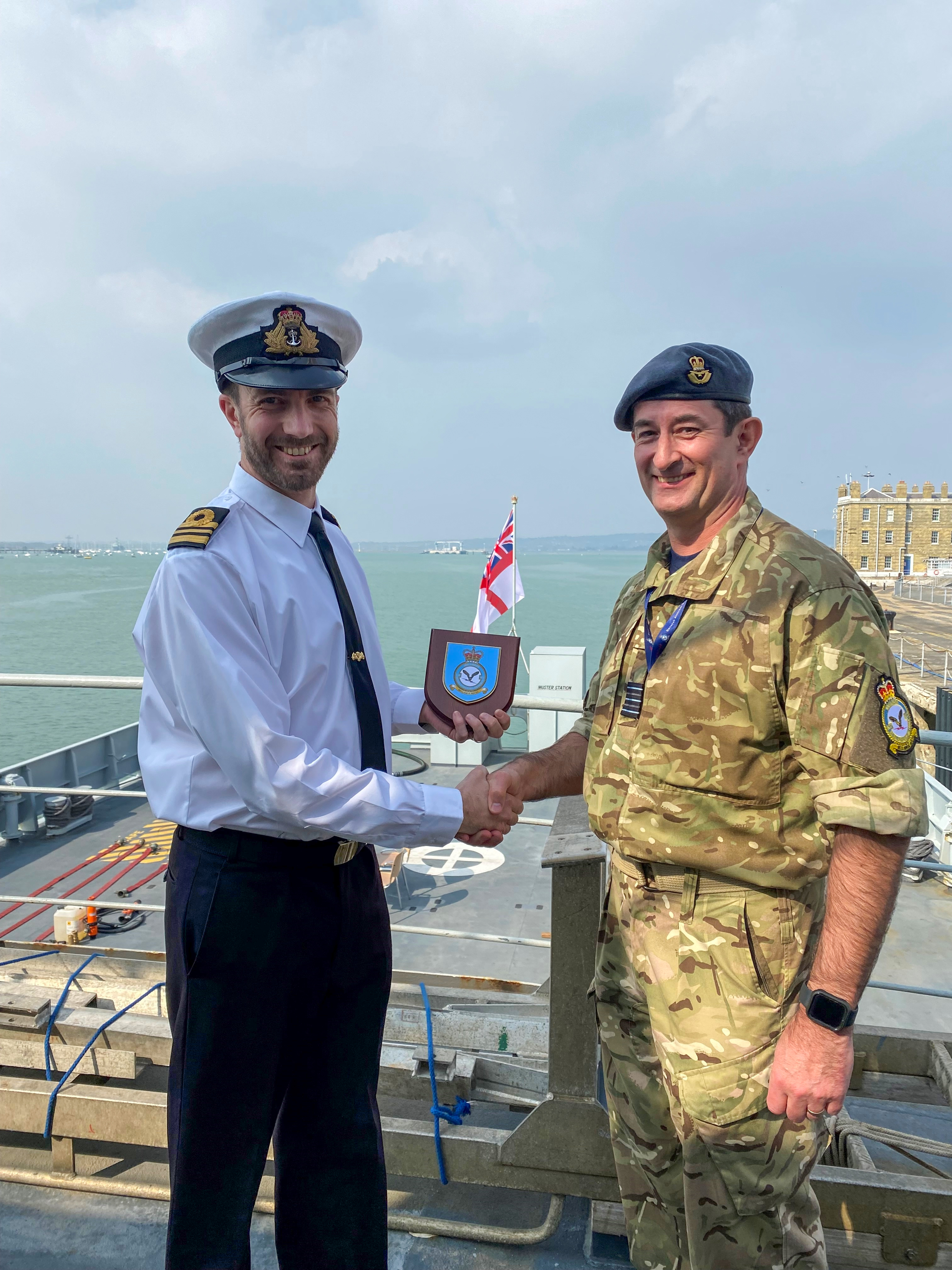 On the 25th March, Wing Commander James, Master Aircrew Taylor and Corporal Court, No. 622 Squadron RAF, visited HMS Mersey at Portsmouth.