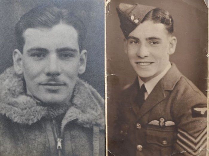 Black and white archived image of two portraits showing a RAF pilot.