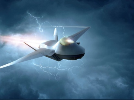 Image shows graphic of a Future Combat Air System flying through a lightning storm.