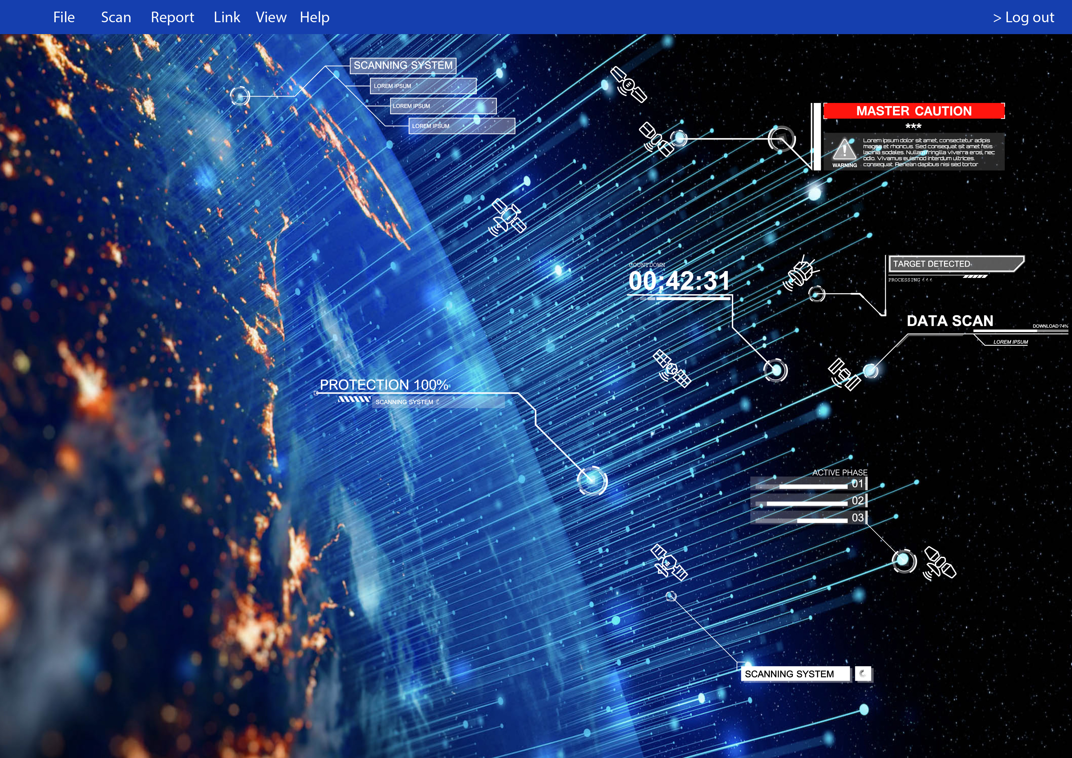 Earth has futuristic lights coming out into space with data labels.