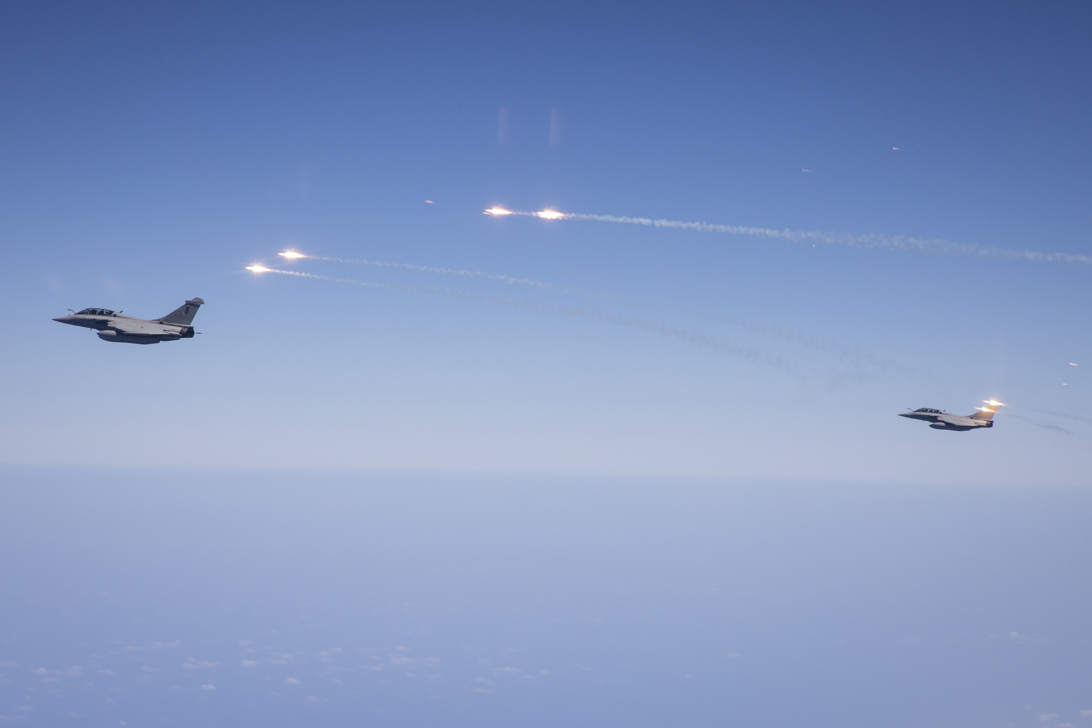 Image shows two RAF Typhoons during a dogfight. 
