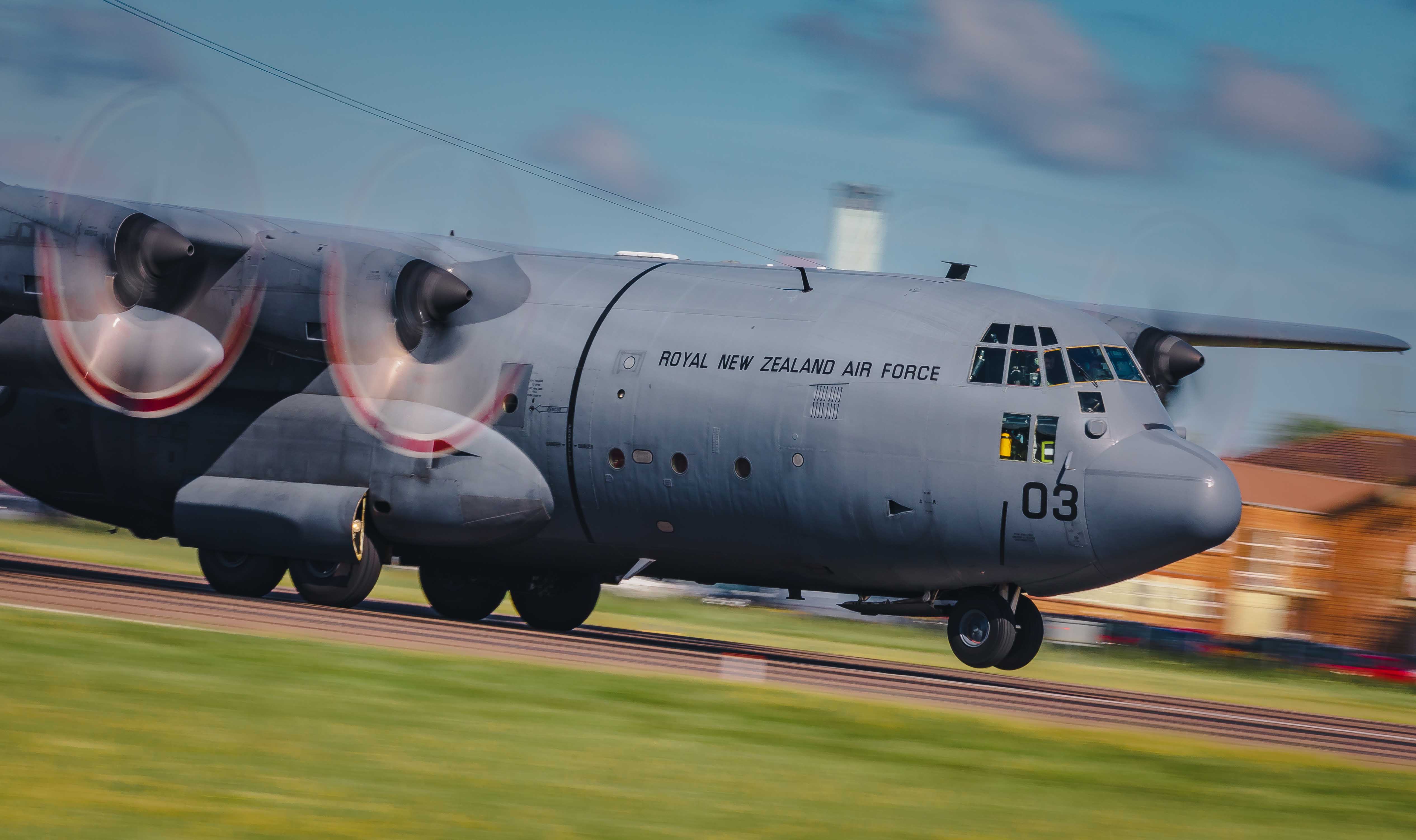 A Royal New Zealand Air Force C-130H departs RAF Brize Norton after a successful deployment