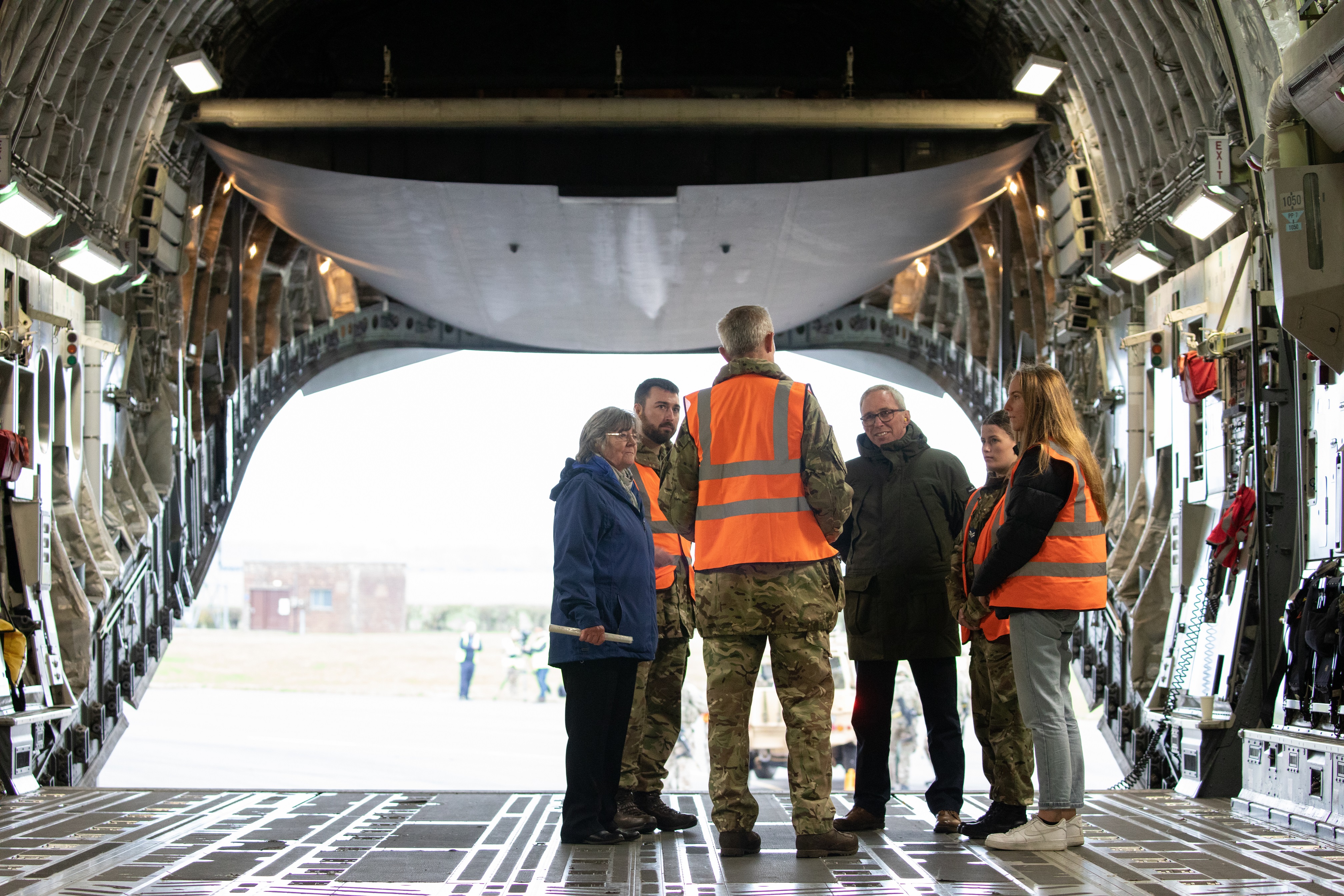 The Mayor (Cllr Mrs Gloria Johnson) and Deputy Mayor (Cllr David Taylor) of Stamford in the cargo area of an RAF C-17 during a visit to RAF Wittering yesterday