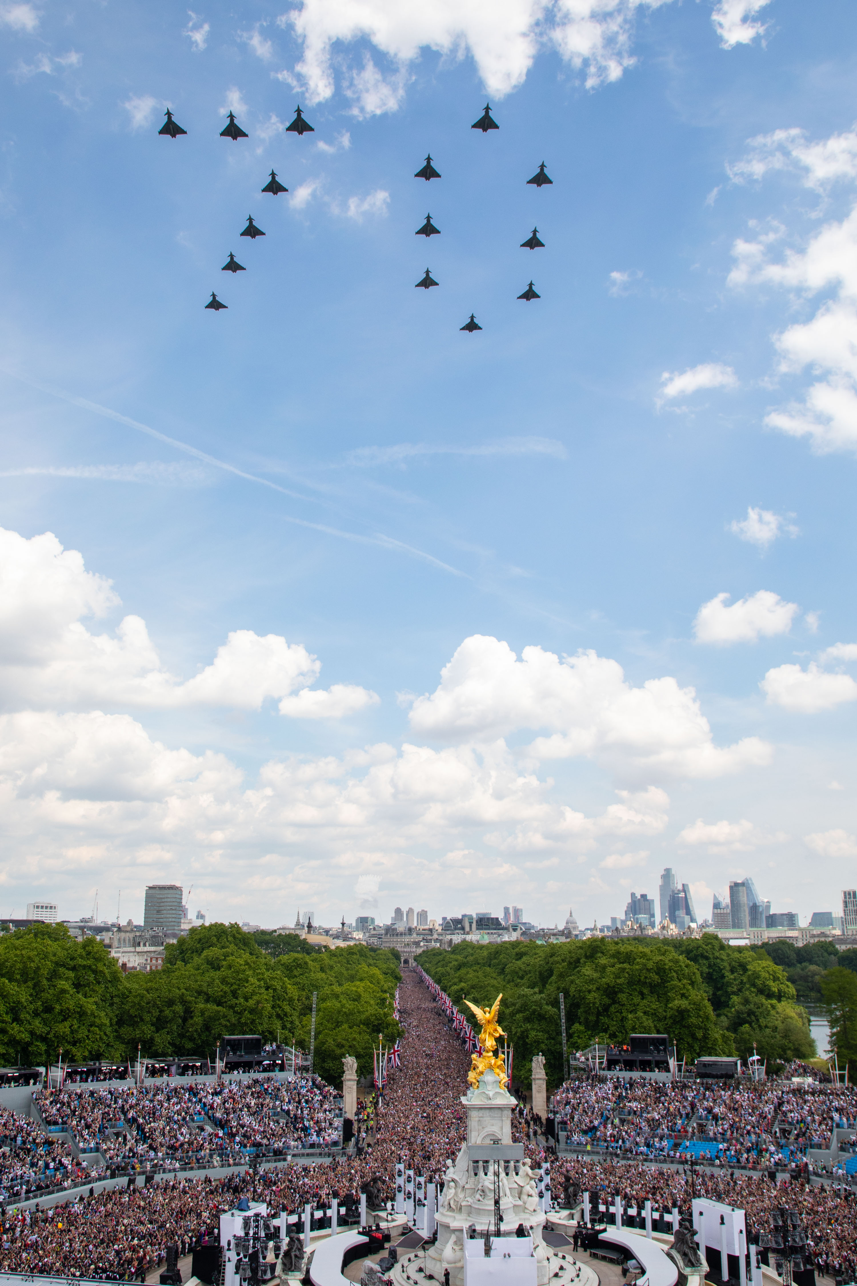 Typhoon flypast in 70 formation over The Mall and crowd.