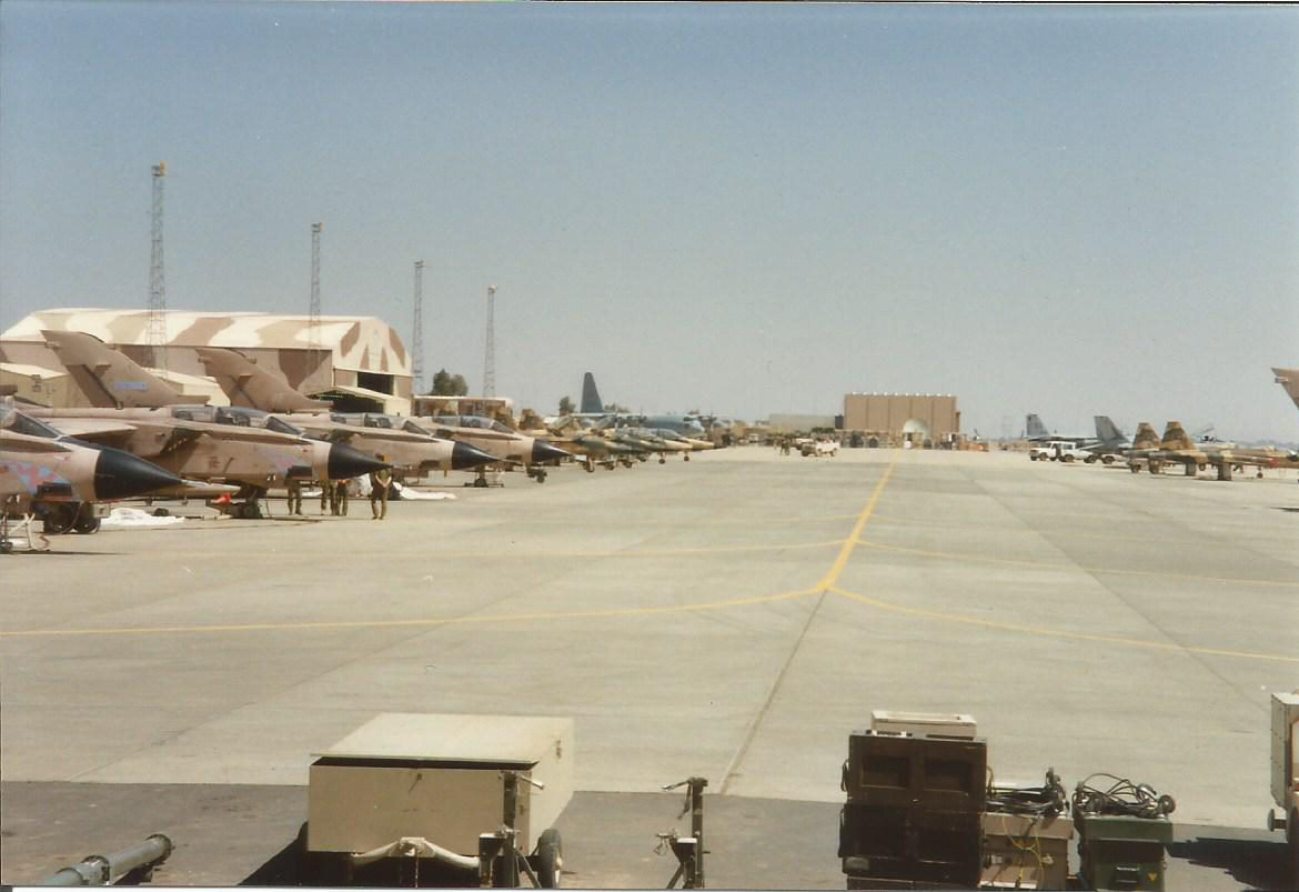 Tornado GR1s of 20 Squadron parked on the apron at RSAF Tabuk during the Gulf War of 1991