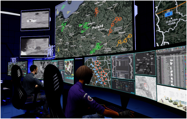 Image shows simulation of an Virtual Reality operations room with screens and map of Europe.