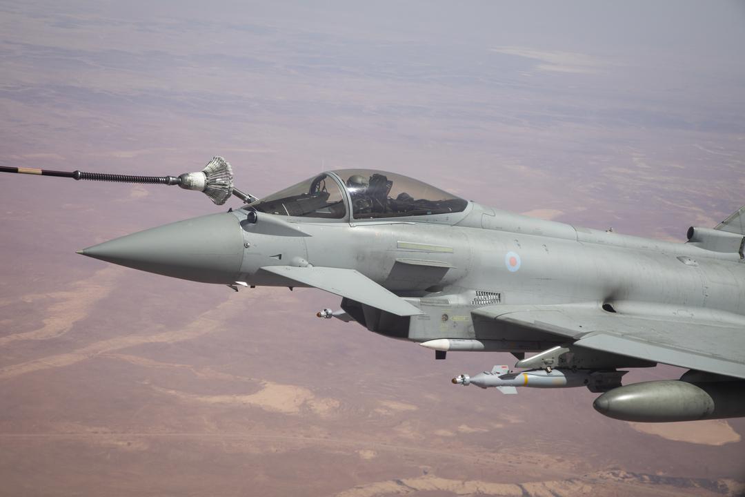 Typhoon in flight during air-to-air refuelling.