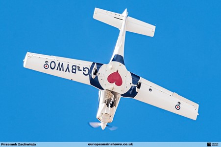 Image shows aerial shot of the RAF Grob Tutor in flight.