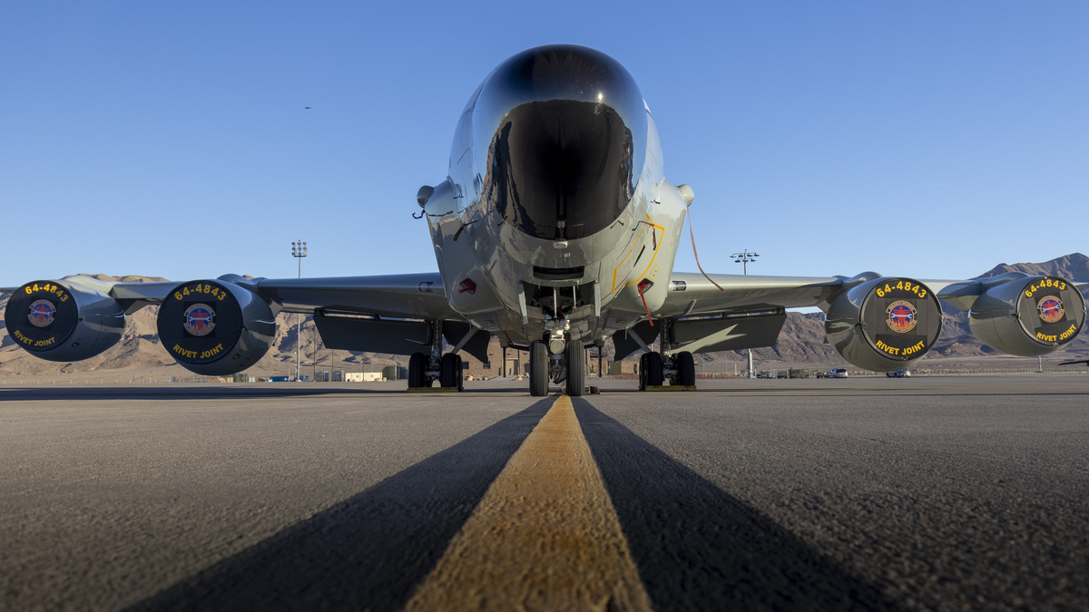 Image shows the front nose end of a Rivet Joint aircraft on the Air Base.