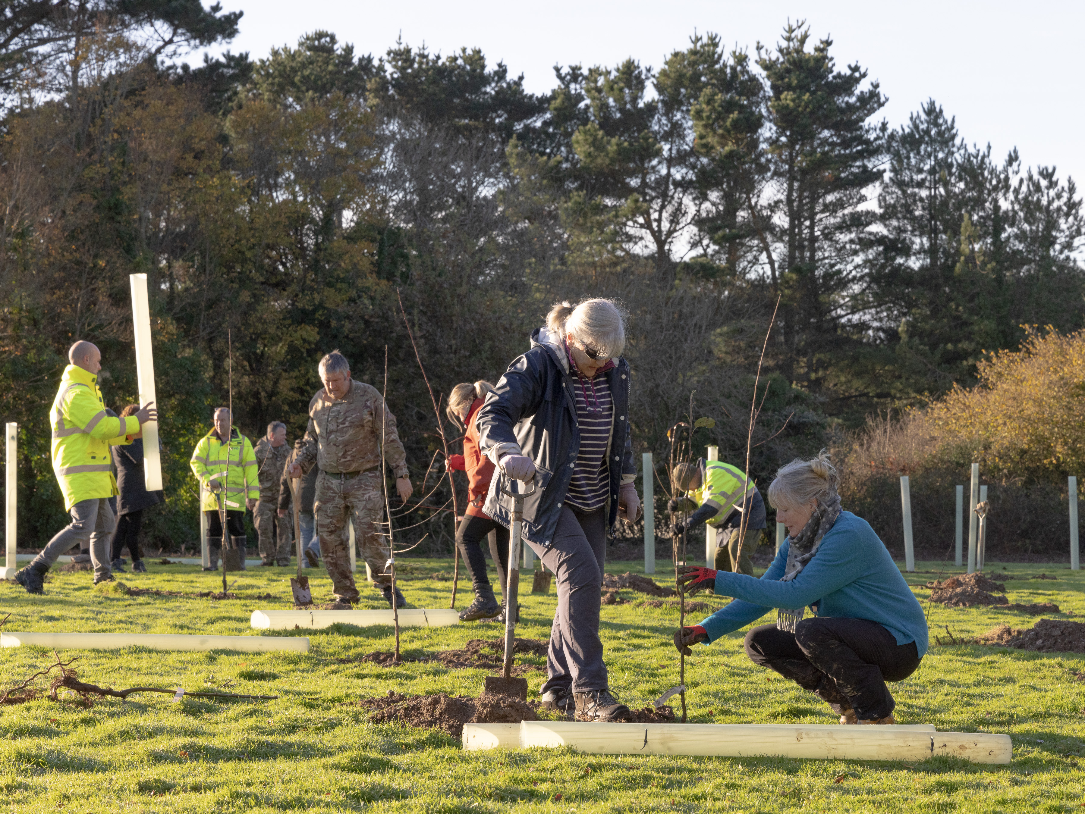 Image shows community and RAF aviators planting young trees.