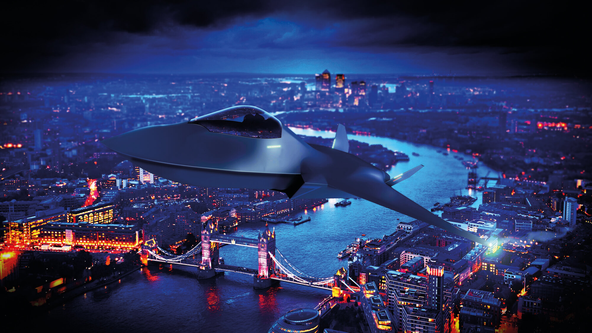 Futuristic image of aircraft flying over illuminated London landmarks at night.