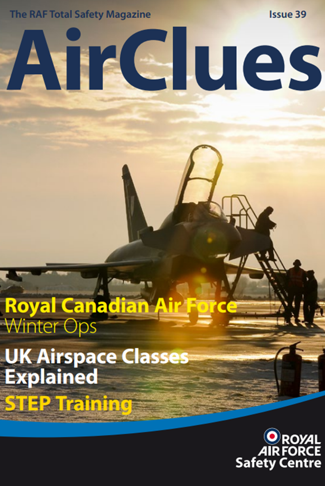 Image shows cover of Air Safety magazine featuring a RAF aviator exiting a Typhoon on the airfield.