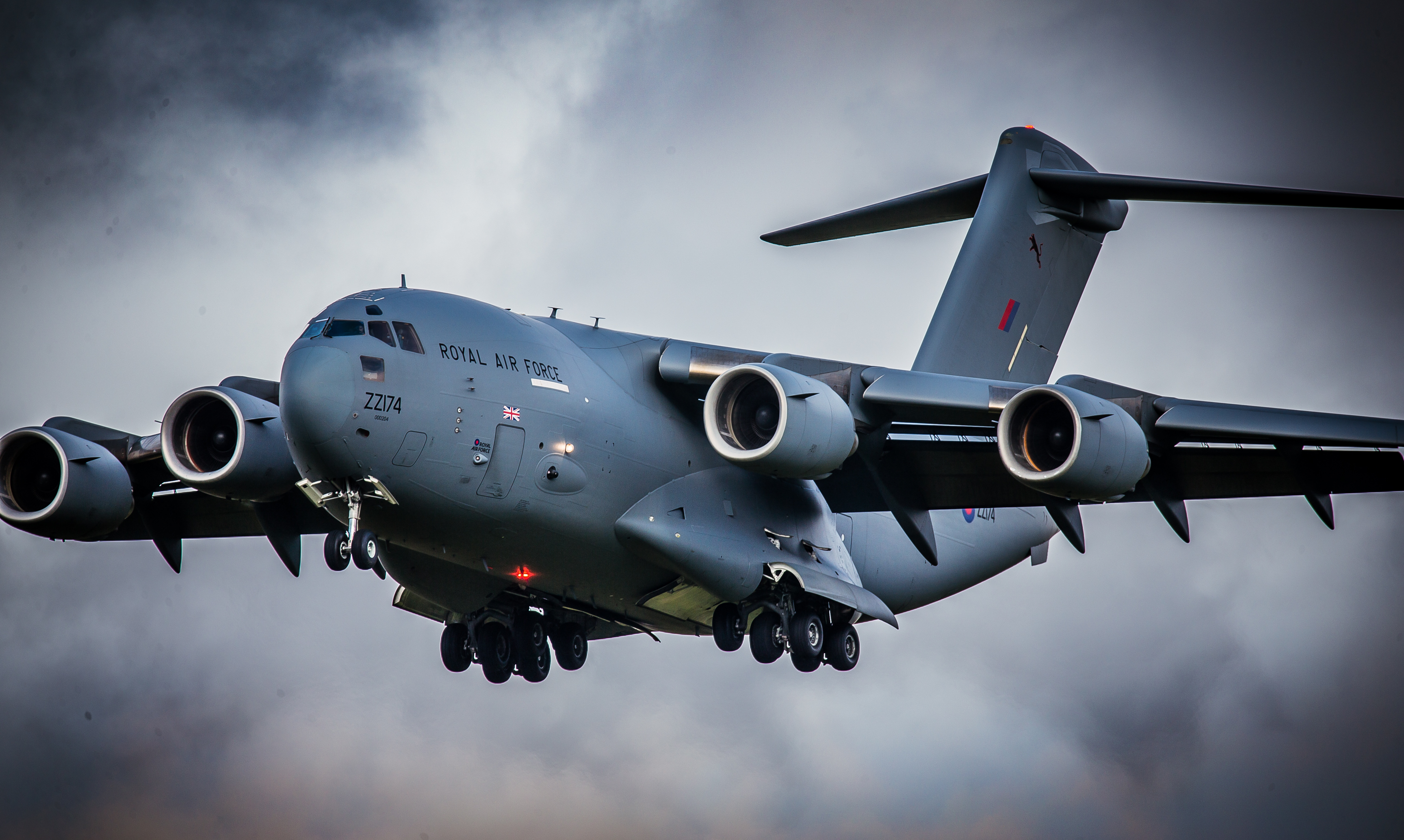 Image shows an RAF C-17 coming in to land..