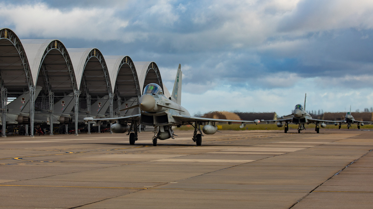 Image shows RAF Typhoons rolling on the airfield.