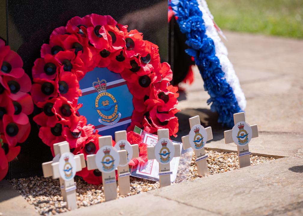 Poppy wreath with RAF roundel and crosses.