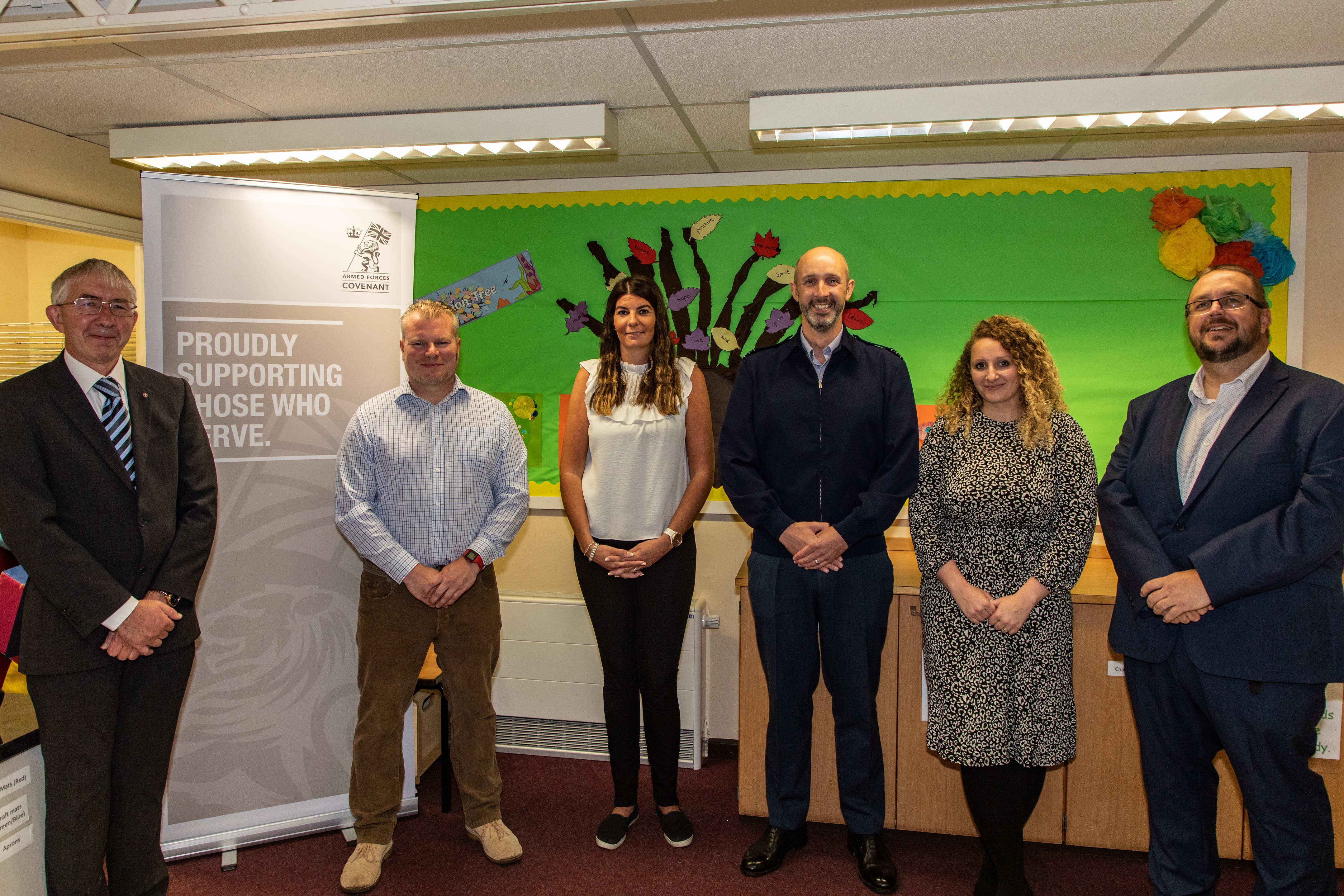 From left to right: Mark Davis MBE, Thomas Kelly, Jo Ward (Families’ Centre Co-Manager), Wing Commander Jez Case, Kate Ringham-Ward (Families’ Centre Co-Manager) and Rhys Thrower (Head Teacher Wittering Primary School)