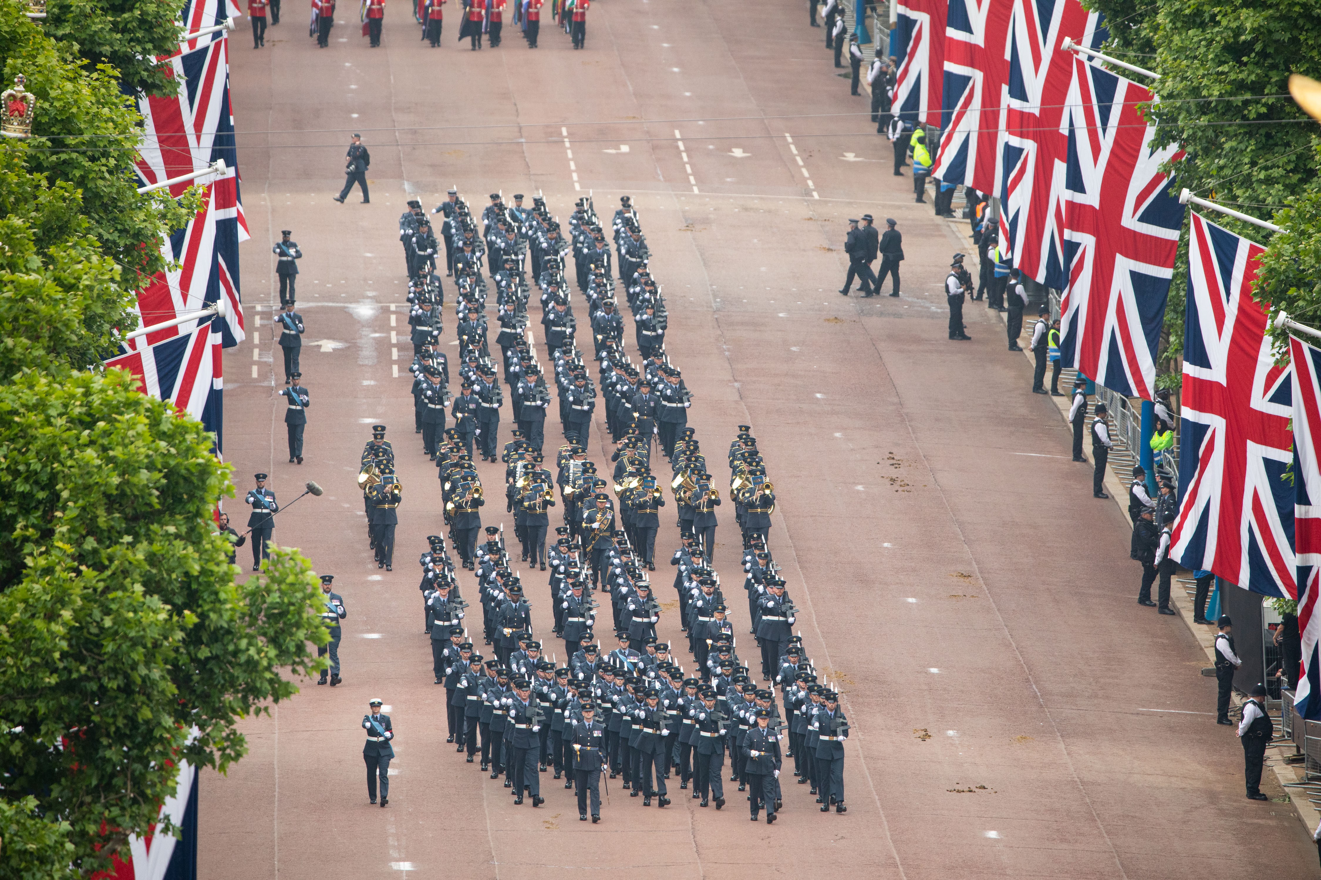 RAF Musicians parade The Mall, with Union Jacks. 