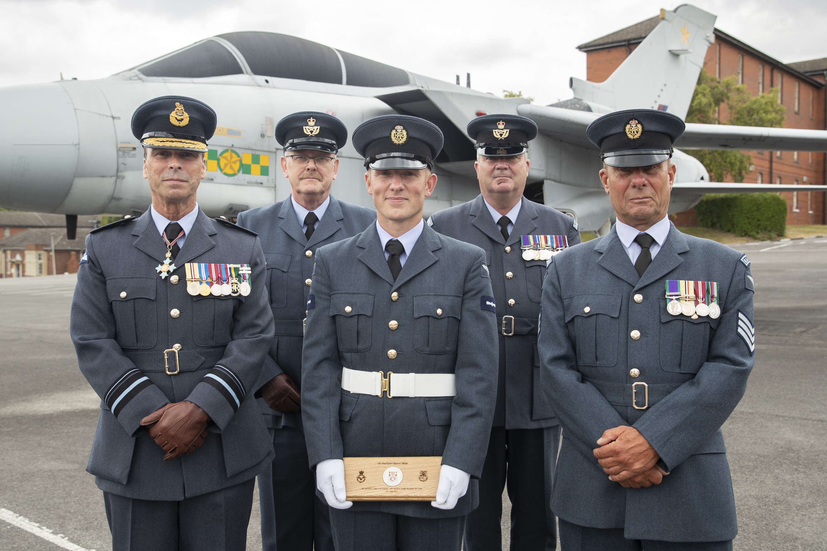From left to right: Air Vice-Marshal Ranald Munro, Warrant Officer Sweeney Jarvis (504 Sqn Catering Flight), Air Specialist Class 2 David Cousins, Warrant Officer Chris Peacock, Sergeant Nicholas Woolmer (504 Sqn Training Flight)