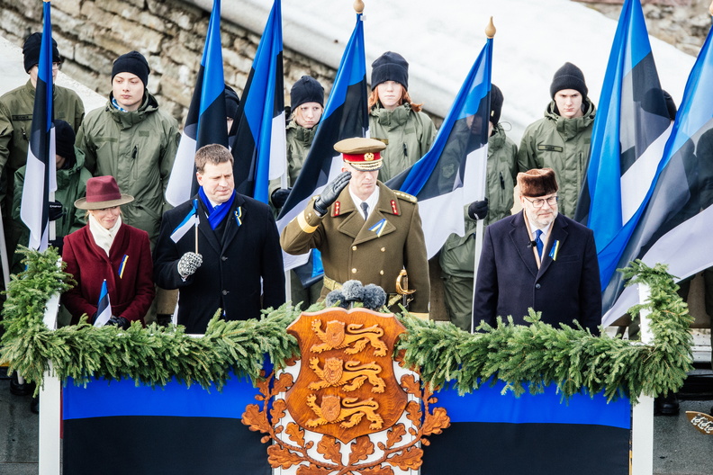 Personnel with flags during service, in a stand covered with wreath.