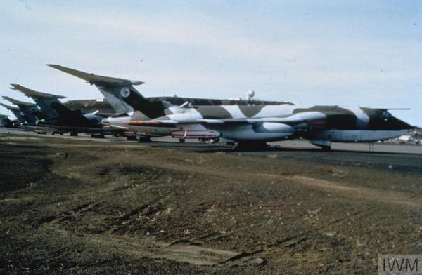 Old photo of RAF Vulcan bombers on the airfield.