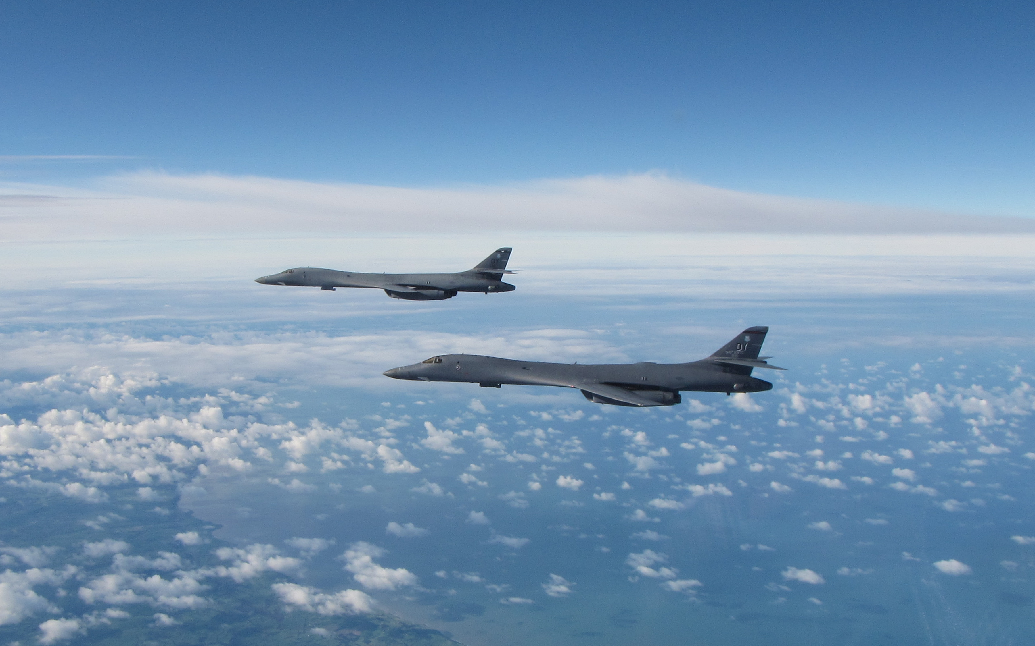 Two United States Air Force B-1 Bombers in flight.