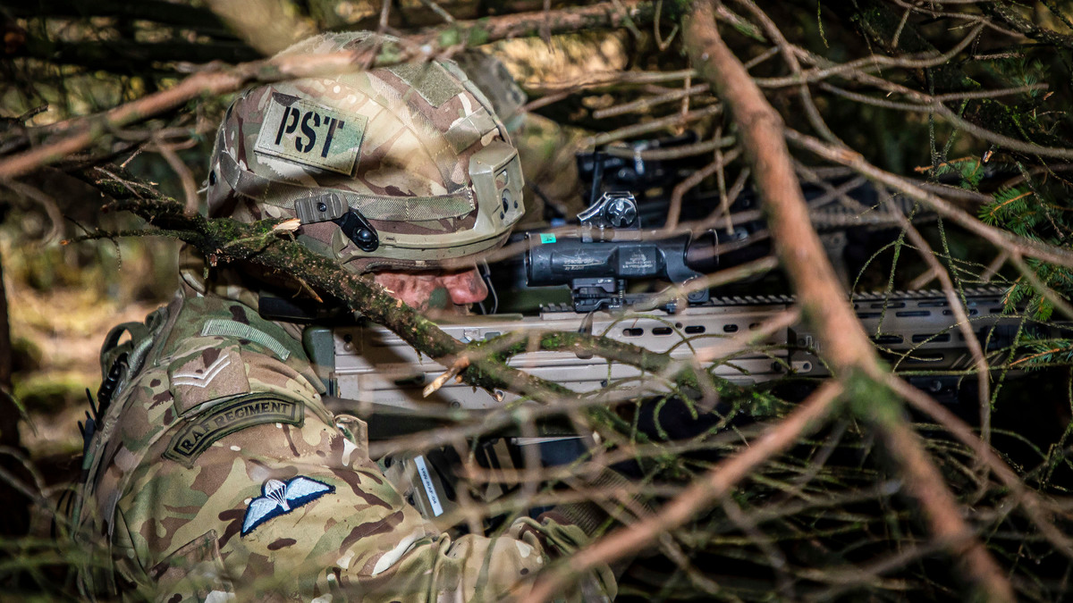 Image shows RAF regiment looking down the sight of a rifle in the trees and shrubbery.