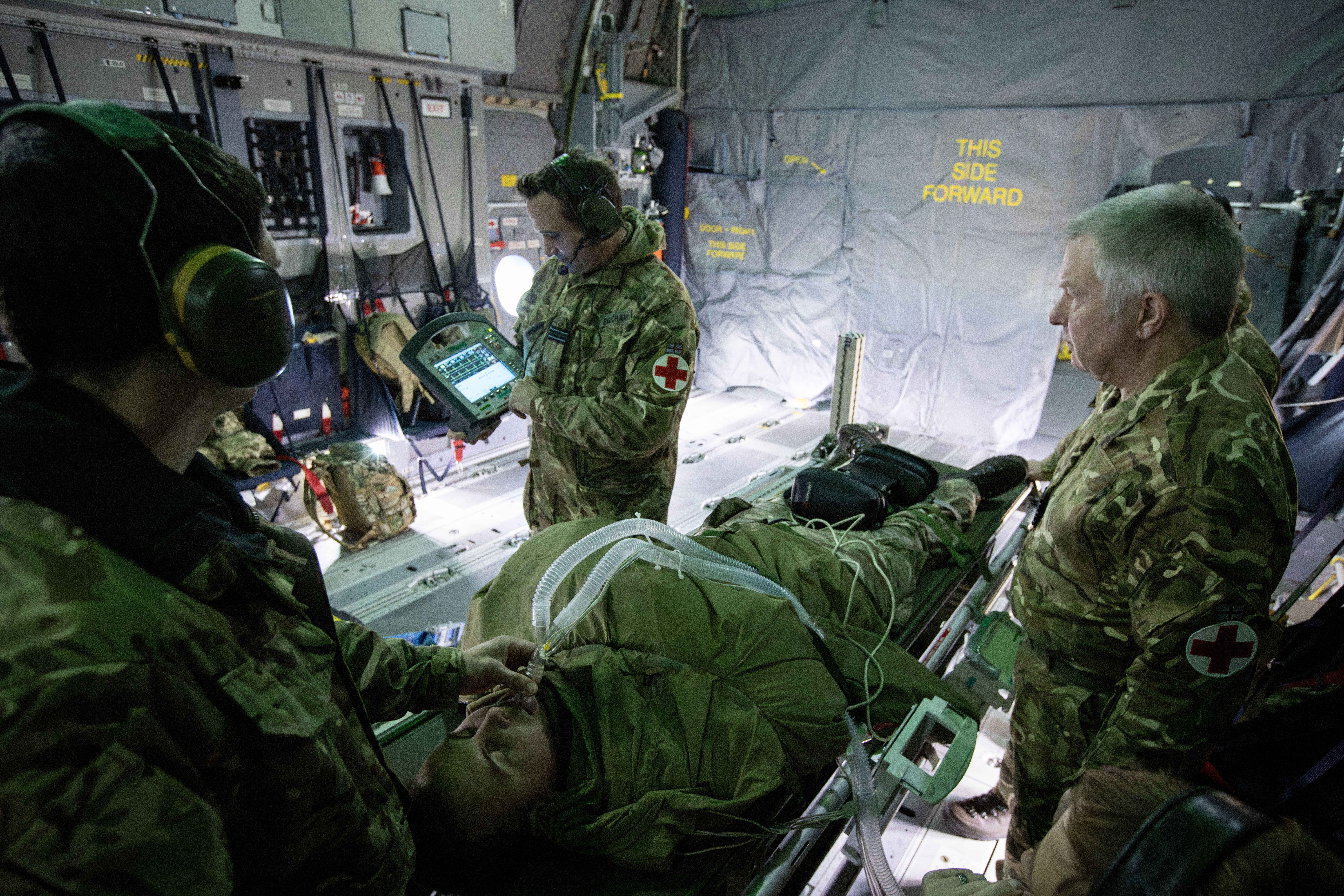 RAF medics practicing with equipment onboard the A400M aircraft