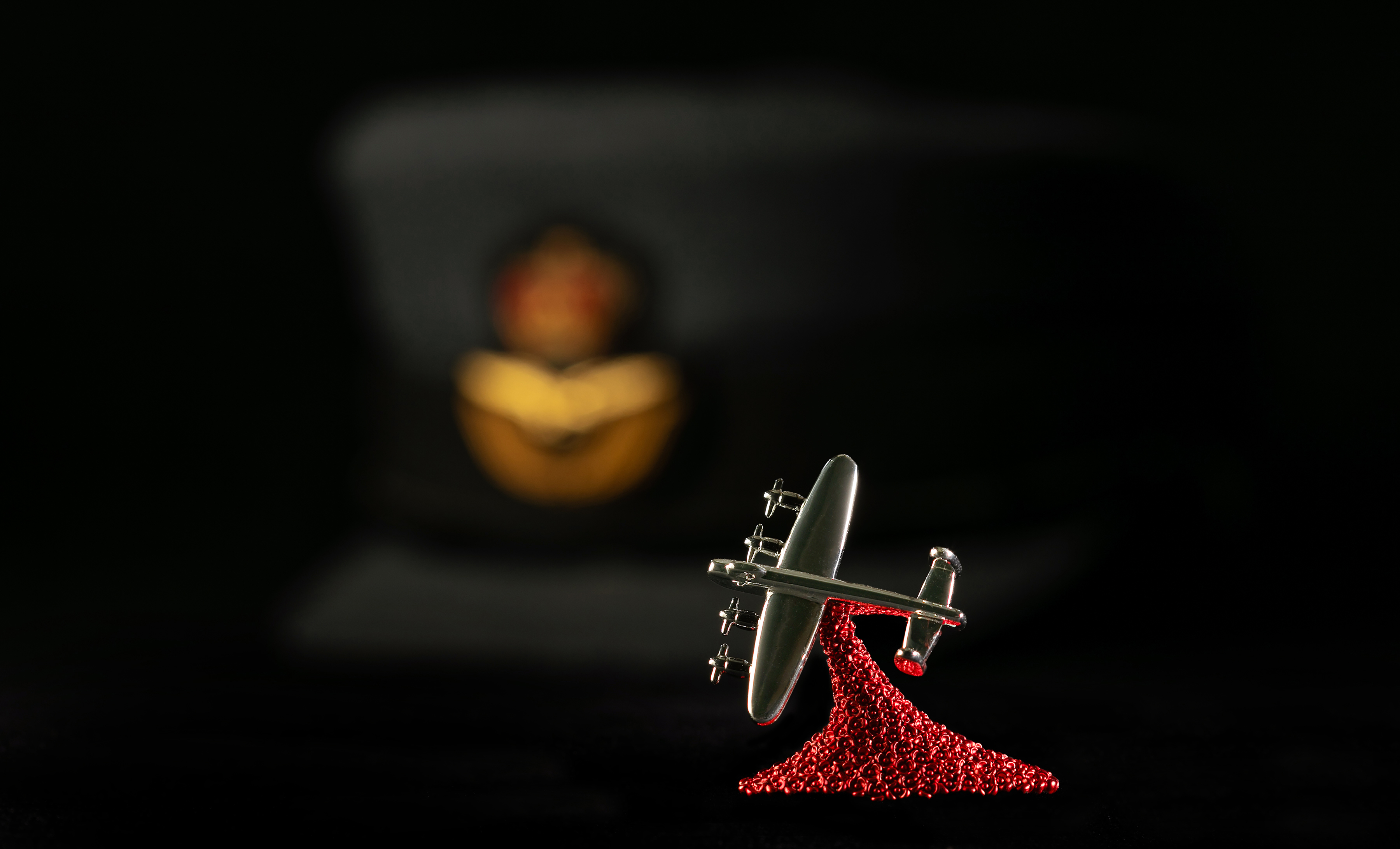 "Poppy Drop". A small miniature model of an RAF Lancaster made of metal is in the foreground. The model also depicts a sea of red poppies spilling from the aircraft, connecting it to the ground.