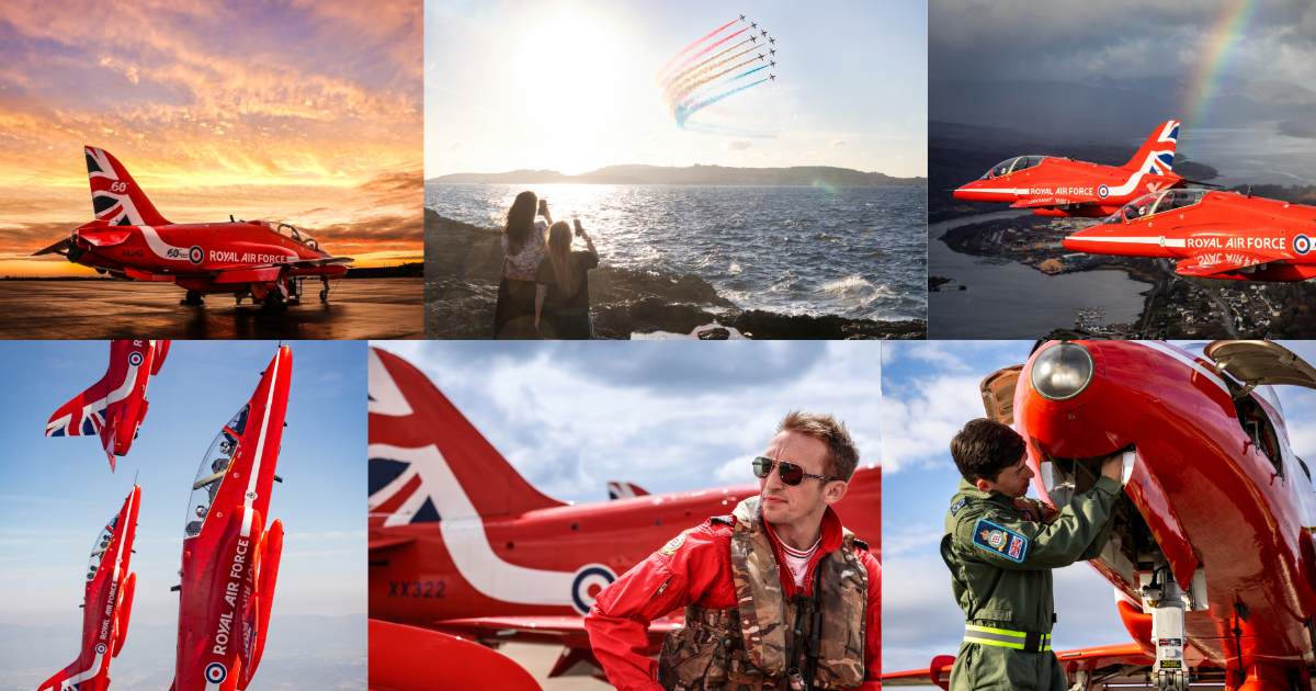 A portfolio of photographs from the Royal Air Force Aerobatic Team. Images focus on the activities of the Red Arrows Display Team - maintaining aircraft, flying in formation, and so on.