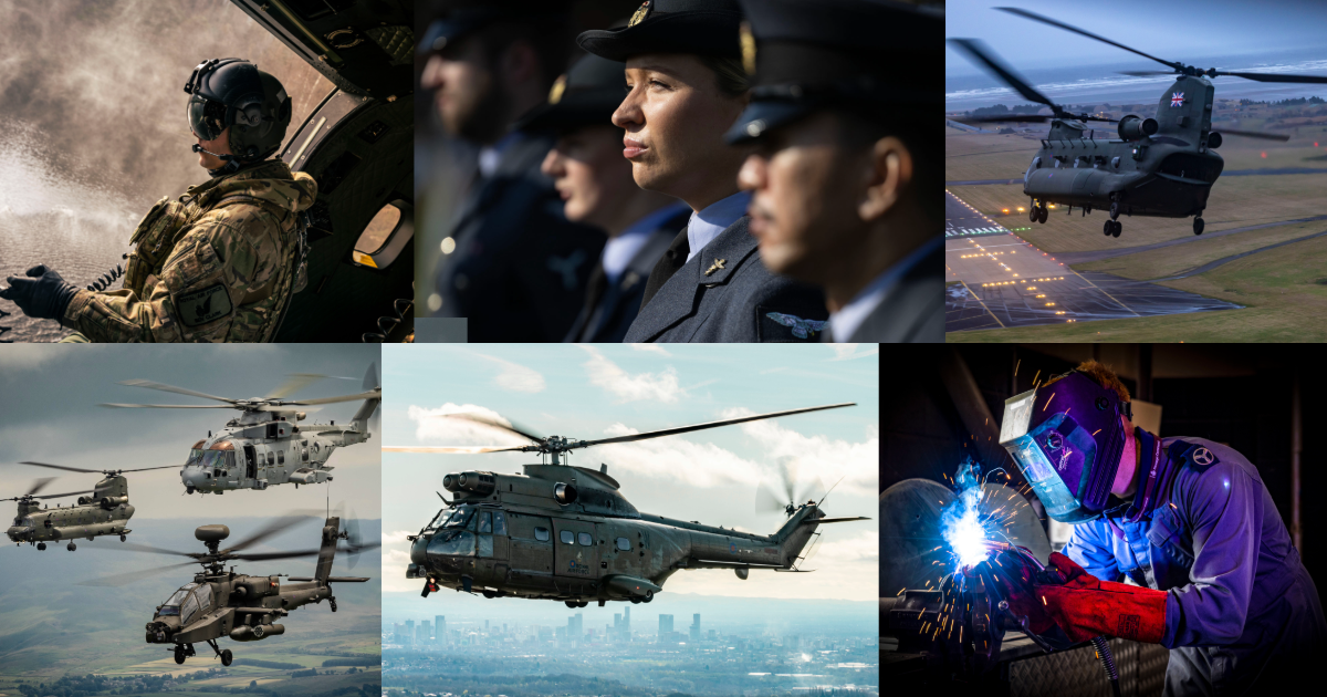 A portfolio of photographs from RAF Benson. Imagery focuses on a range of RAF helicopters in flight, as well as day-to-day life on the station such as a welder hard at work.